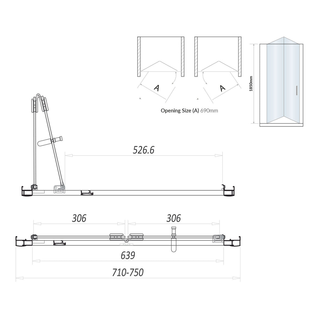 Scudo S6 Semi Frameless Bi Fold Shower Door With Side Panel - technical drawing with dimensions