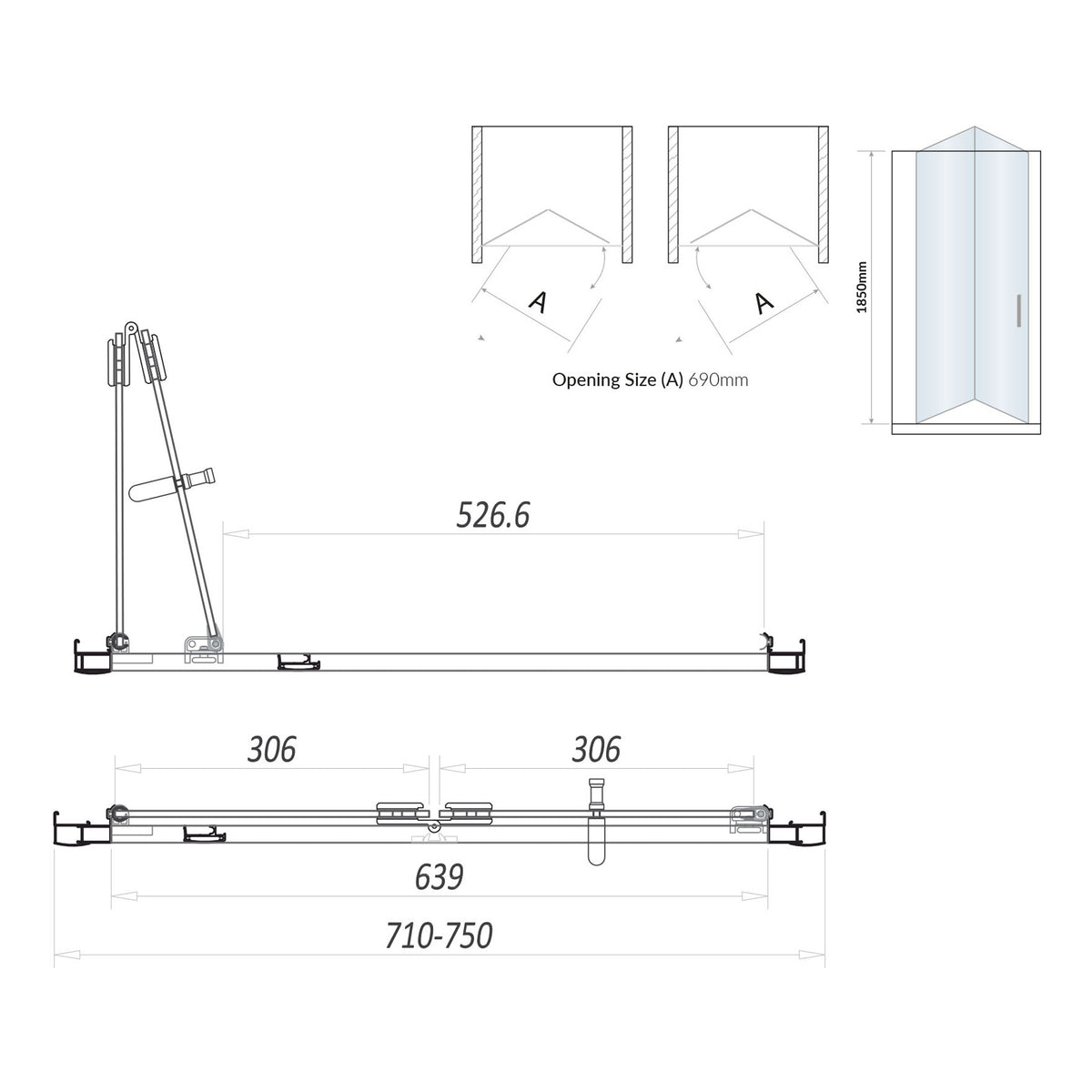 Scudo S6 Semi Frameless Bi Fold Shower Door With Side Panel - technical drawing with dimensions