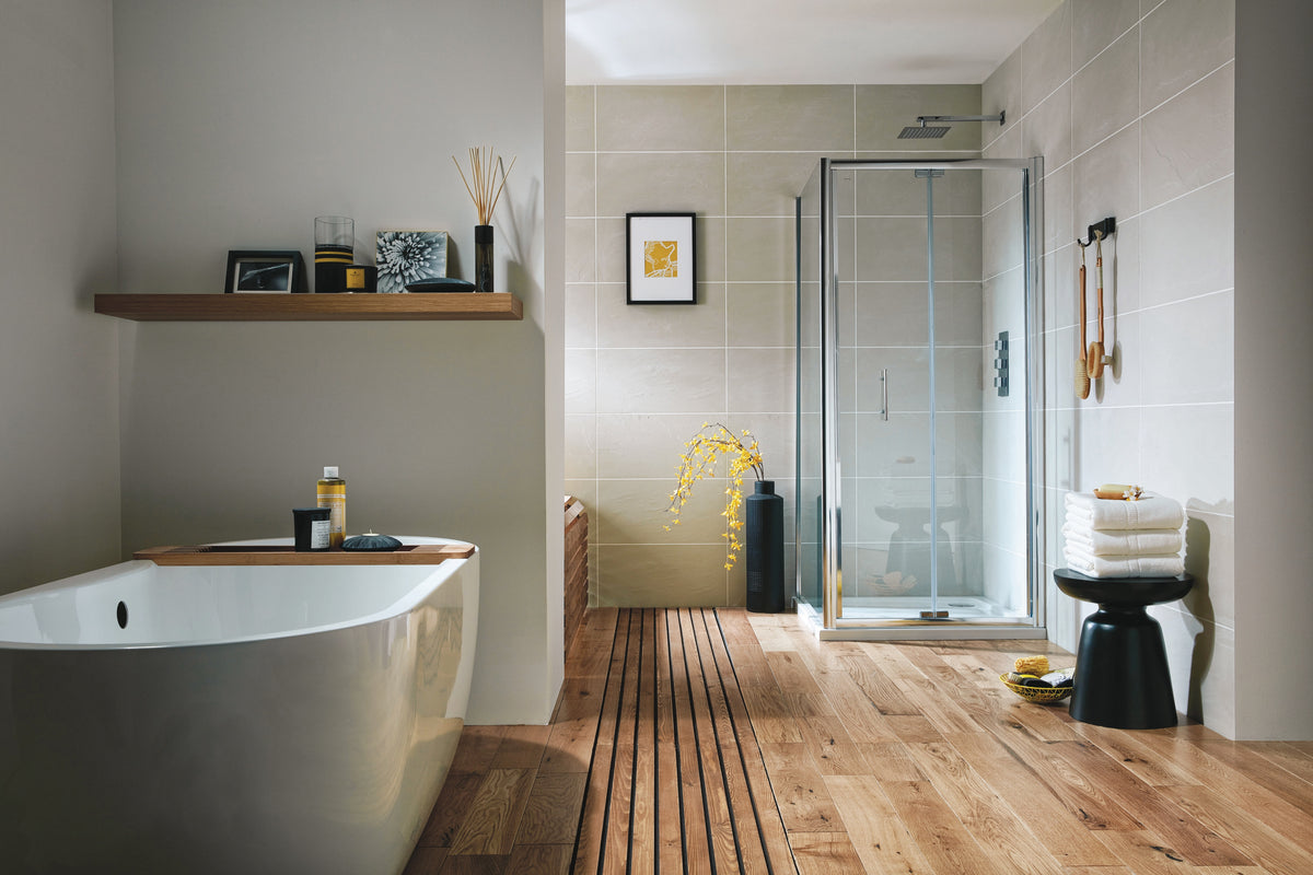 Scudo S6 Semi Frameless Bi Fold Shower Door With Side Panel - lifestyle
