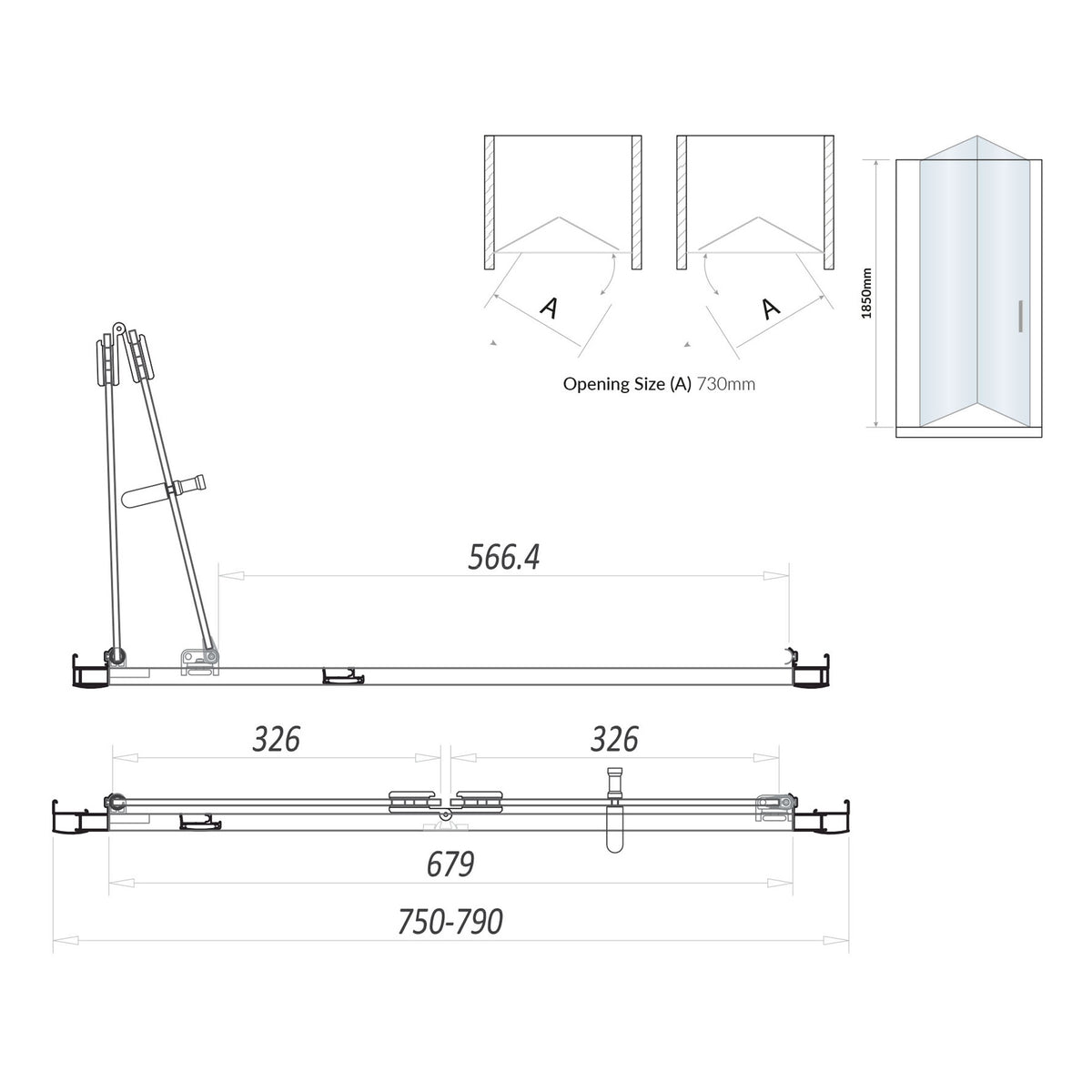 Scudo S6 Semi Frameless Bi Fold Shower Door With Side Panel - technical drawing with dimensions