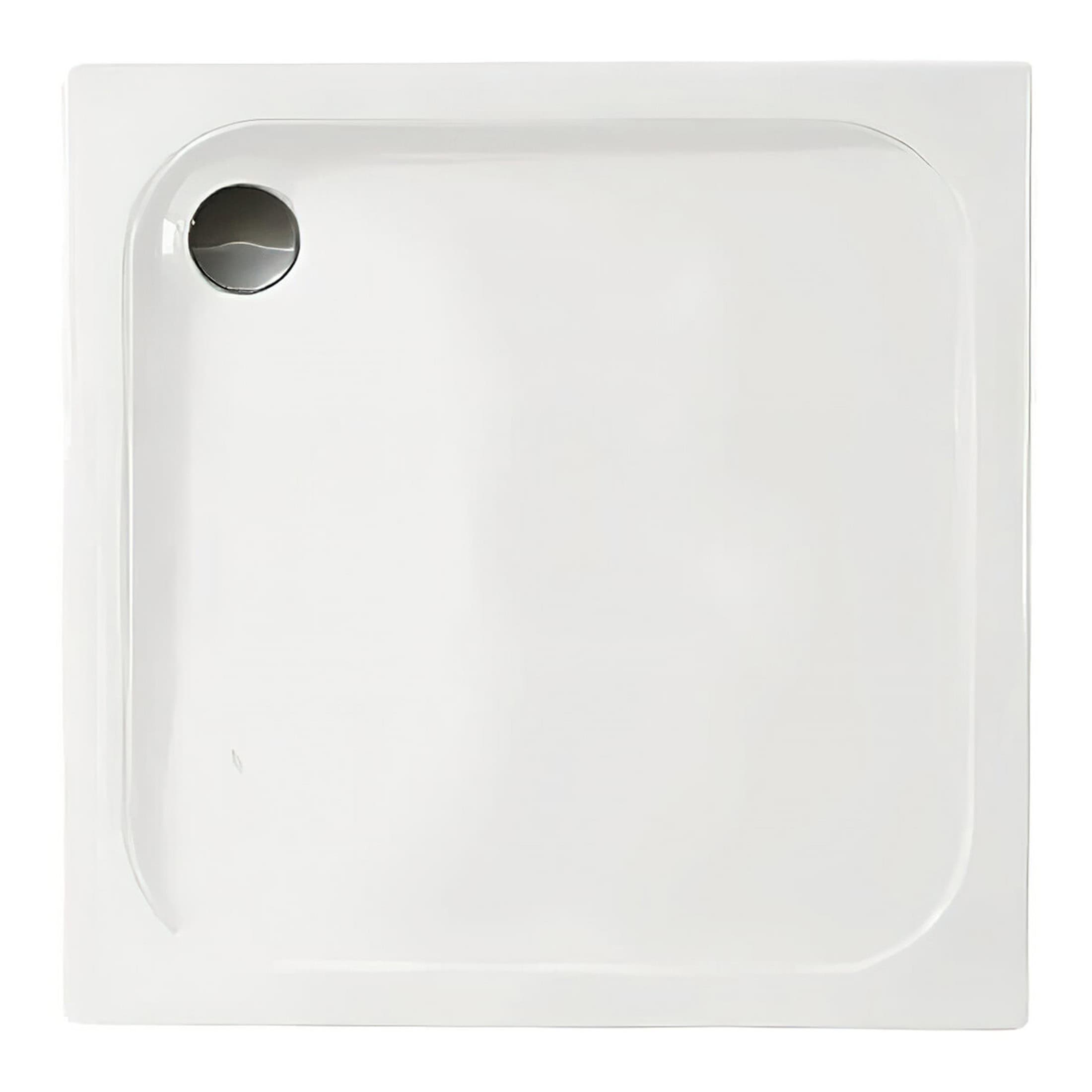 Shower tray for contemporary bathroom designs, made of durable white material with a sleek square shape and a circular drain at the corner. Perfect for modern bathroom renovations and installations.