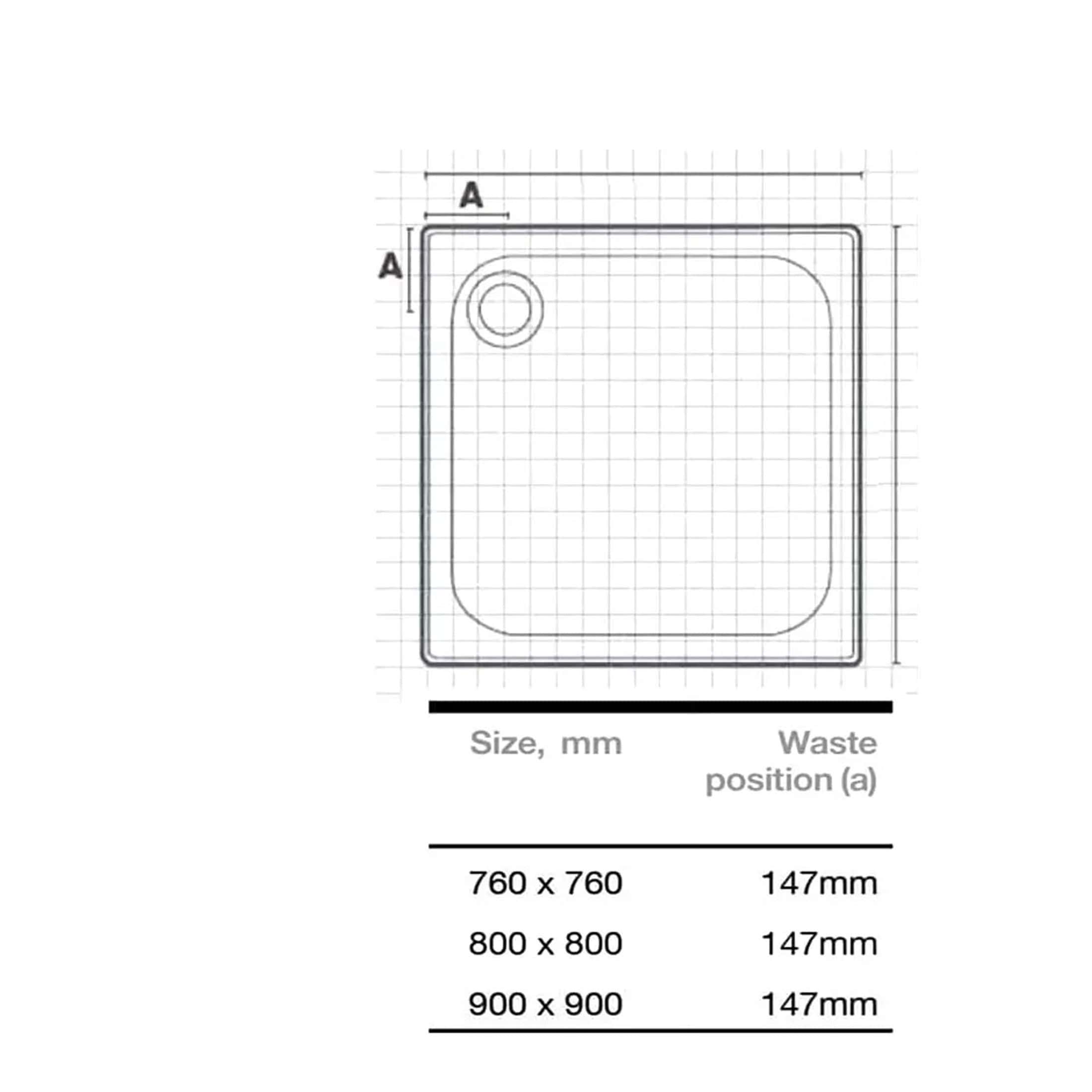 Sqr shower tray technical drawing with dimensions and waste position, ideal for modern bathroom renovations and shower enclosure installation.