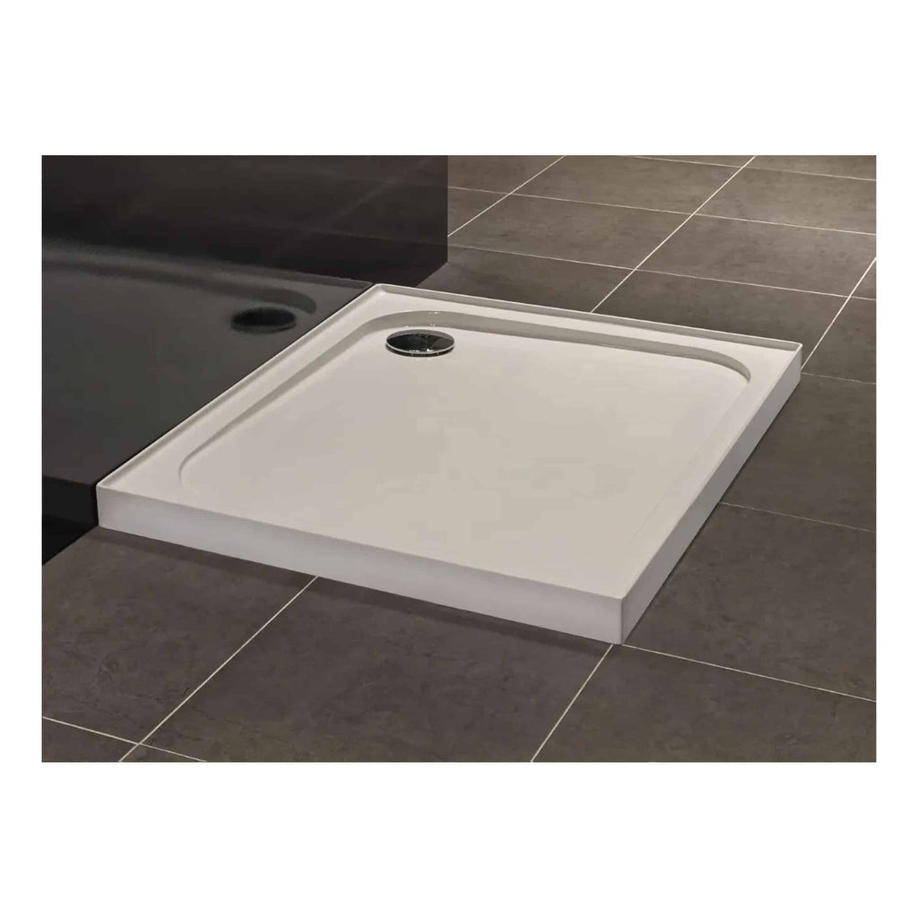 Sleek white shower tray with a minimalist design, perfect for modern bathrooms, featuring a central drain and raised edges for a clean, functional showering space.