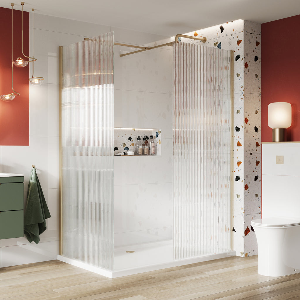 Scudo Fluted Glass Wetroom Panel With Profile, 700mm / Chrome in a bathroom setting