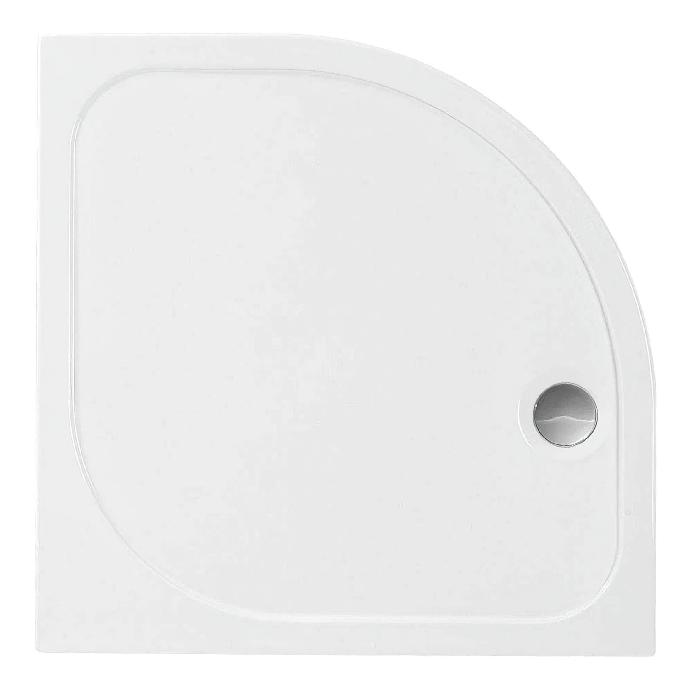 Shower tray for bathroom installations, white acrylic corner shower tray with square design and drain hole, ideal for modern bathroom renovation.