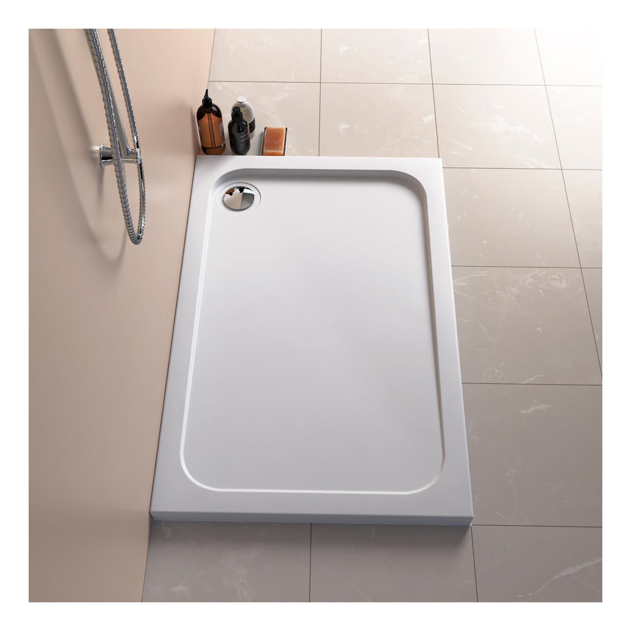 Modern white shower tray with sleek design, built for durable and stylish bathroom renovation, perfect for contemporary shower enclosures and bathroom upgrade projects.