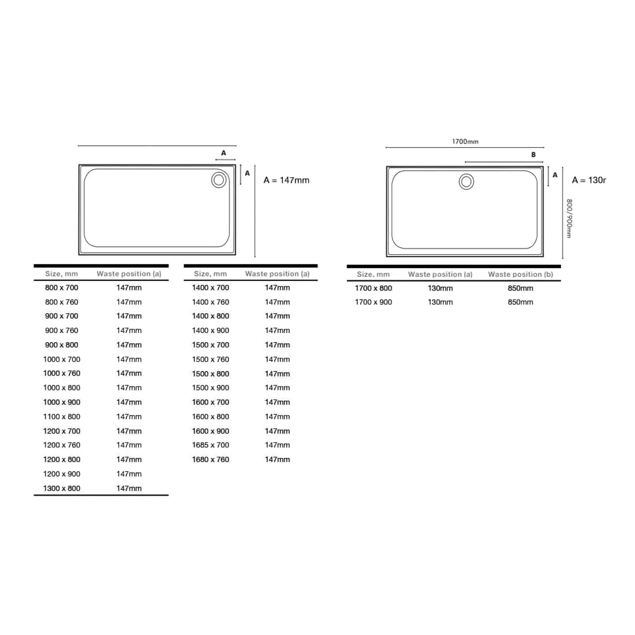 800 x 700 mm shower tray with waste hole placement and size specifications for custom bathroom installation.