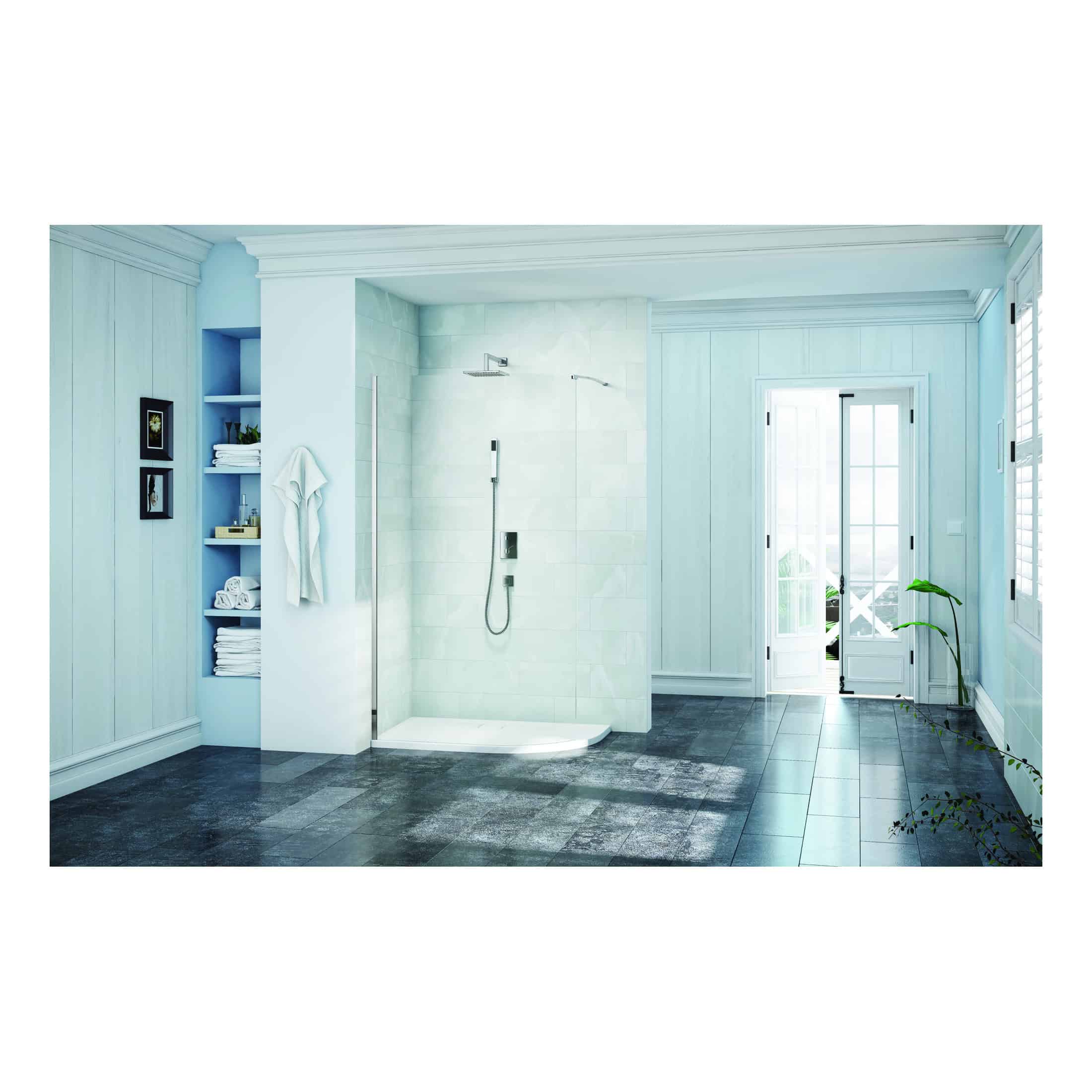 Modern walk-in shower bathroom with white tiled walls, black stone flooring, and natural light from glass doors, featuring sleek showerhead and minimalist design, ideal for contemporary bathroom renovations.