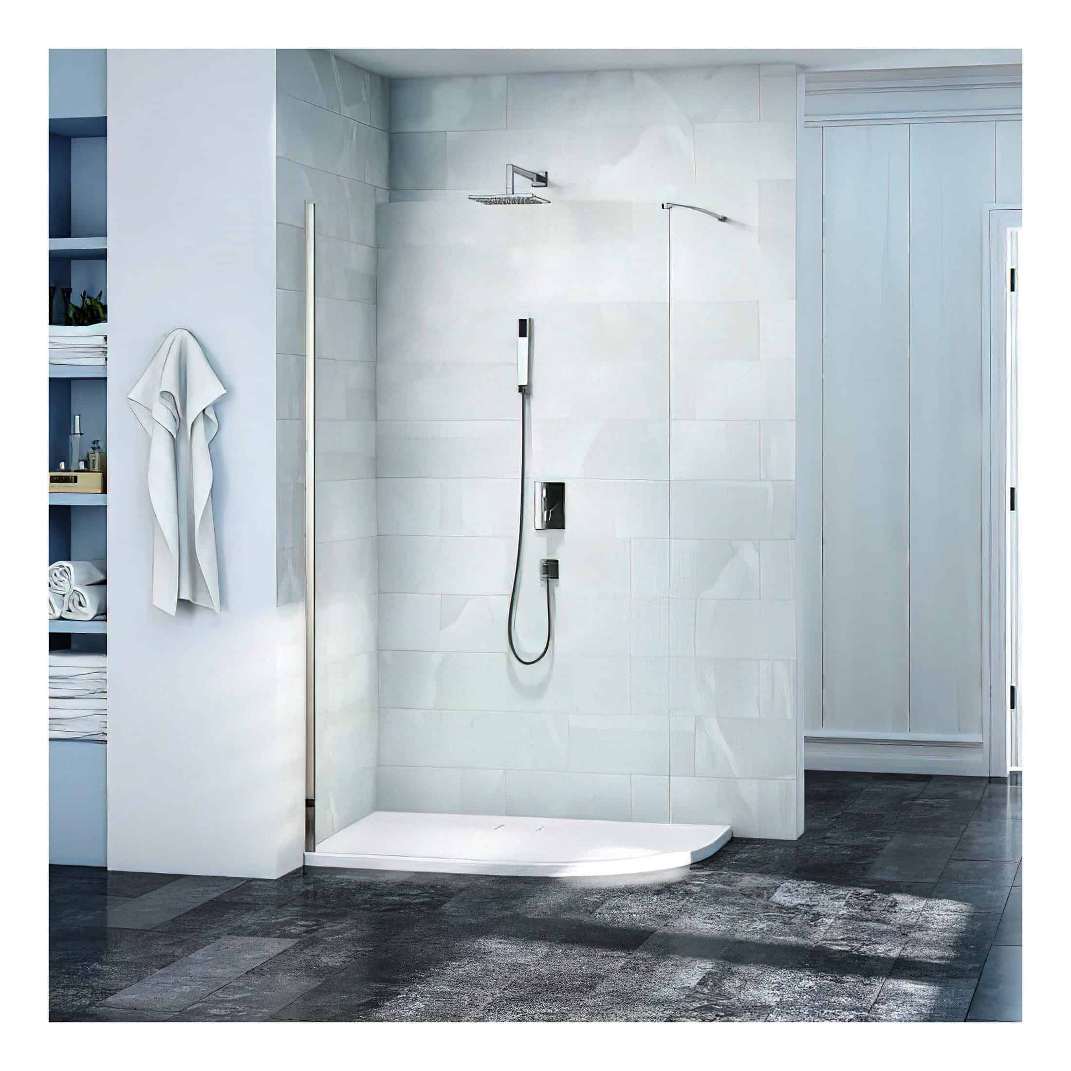 Modern white walk-in shower with rainfall and handheld showerheads, sleek fixtures, and stylish tiling in a contemporary bathroom.
