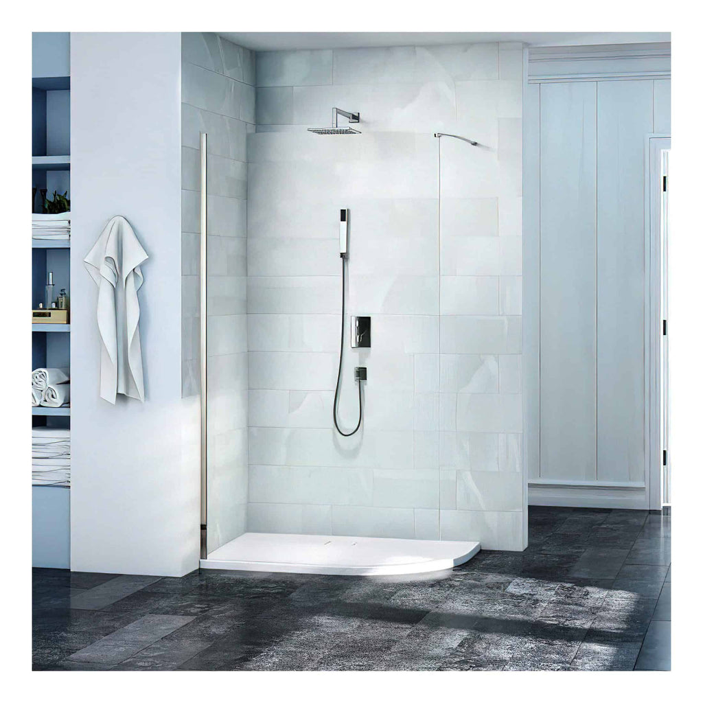 Modern white walk-in shower with rainfall and handheld showerheads, sleek fixtures, and stylish tiling in a contemporary bathroom.