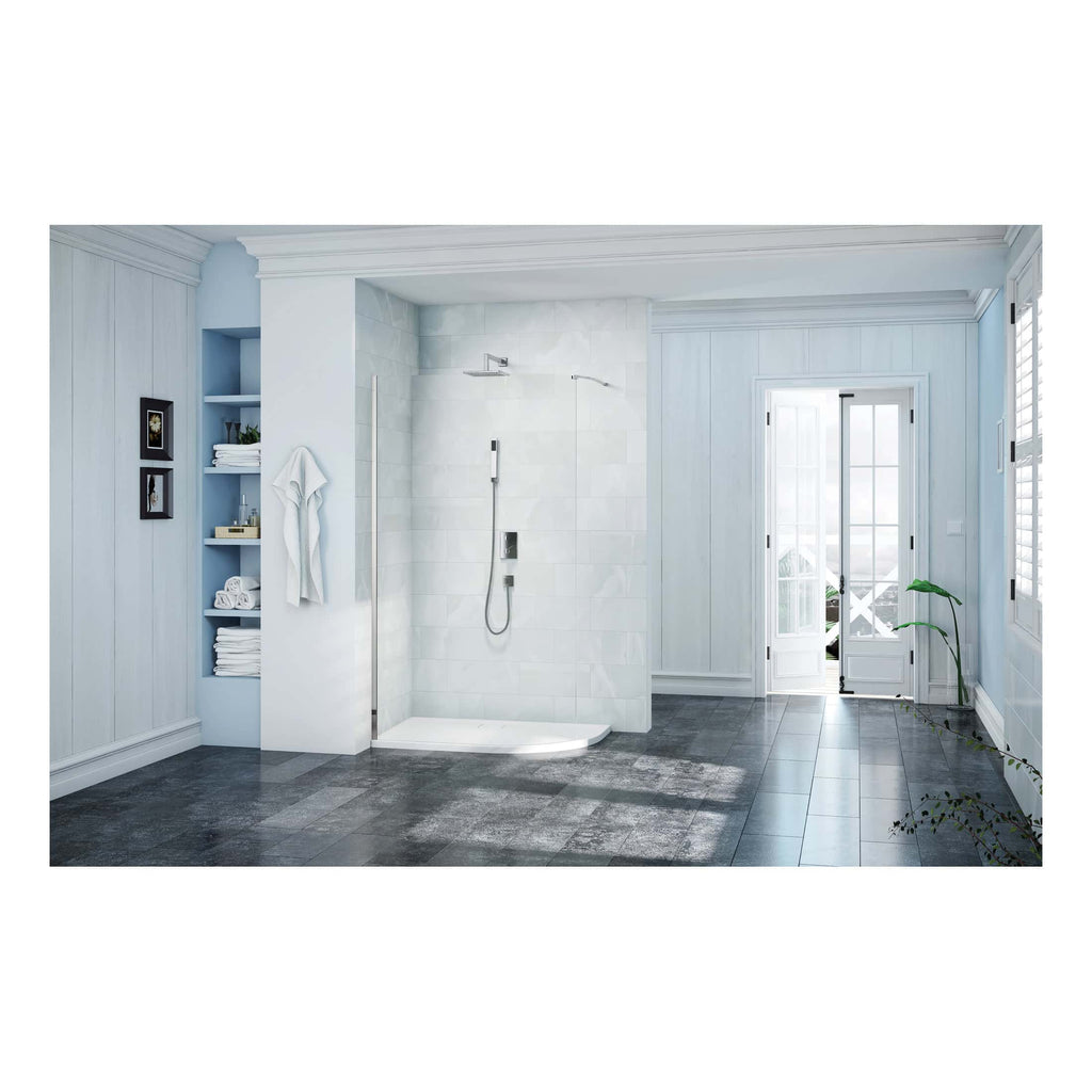 Modern bathroom with walk-in shower, white tiled walls, blue paneled walls, and natural light from glass doors, featuring contemporary fixtures and elegant decor for a stylish bathroom upgrade.