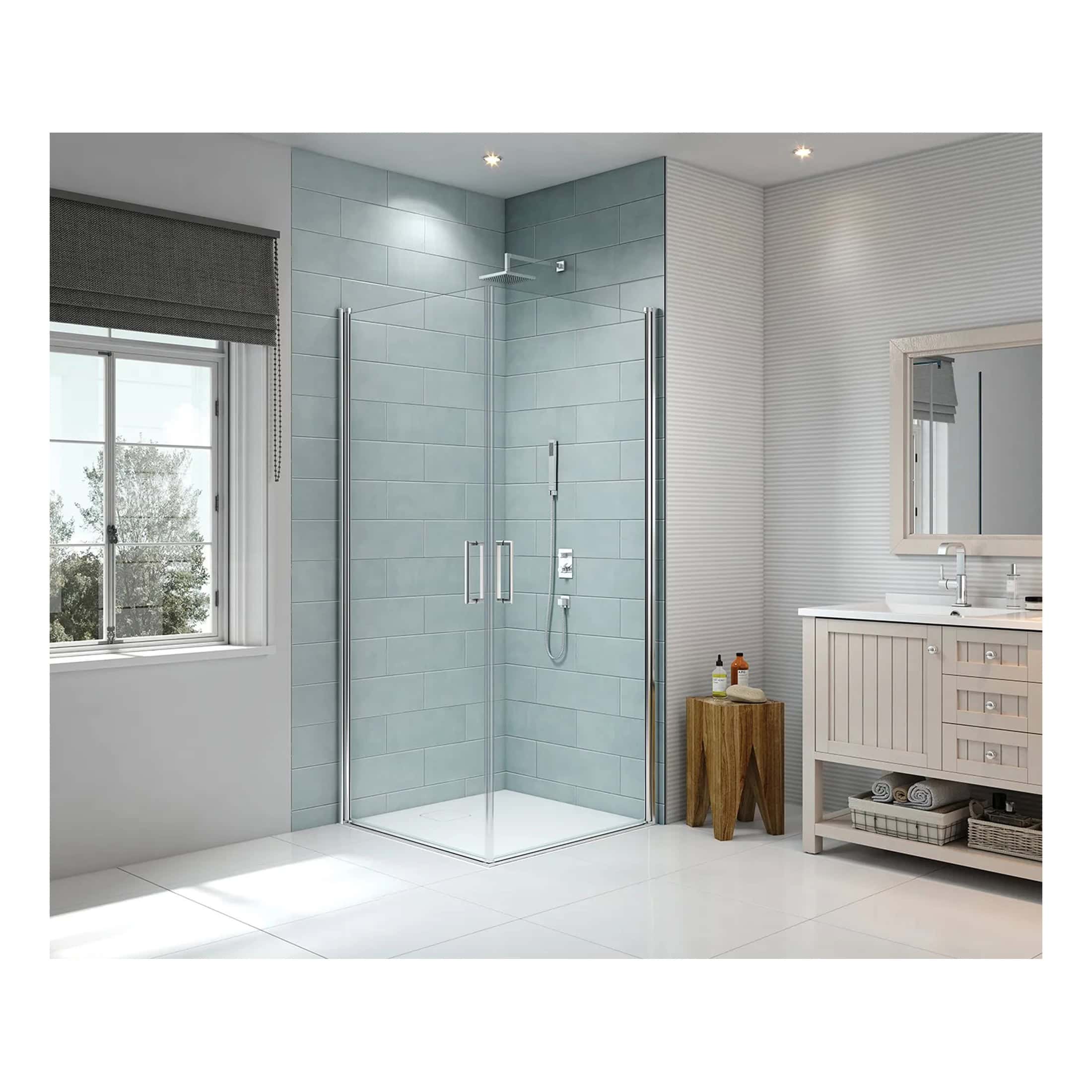 Modern walk-in shower with glass enclosure in a contemporary bathroom featuring sleek tiles and minimalist decor. Perfect for stylish and functional bathroom renovations.