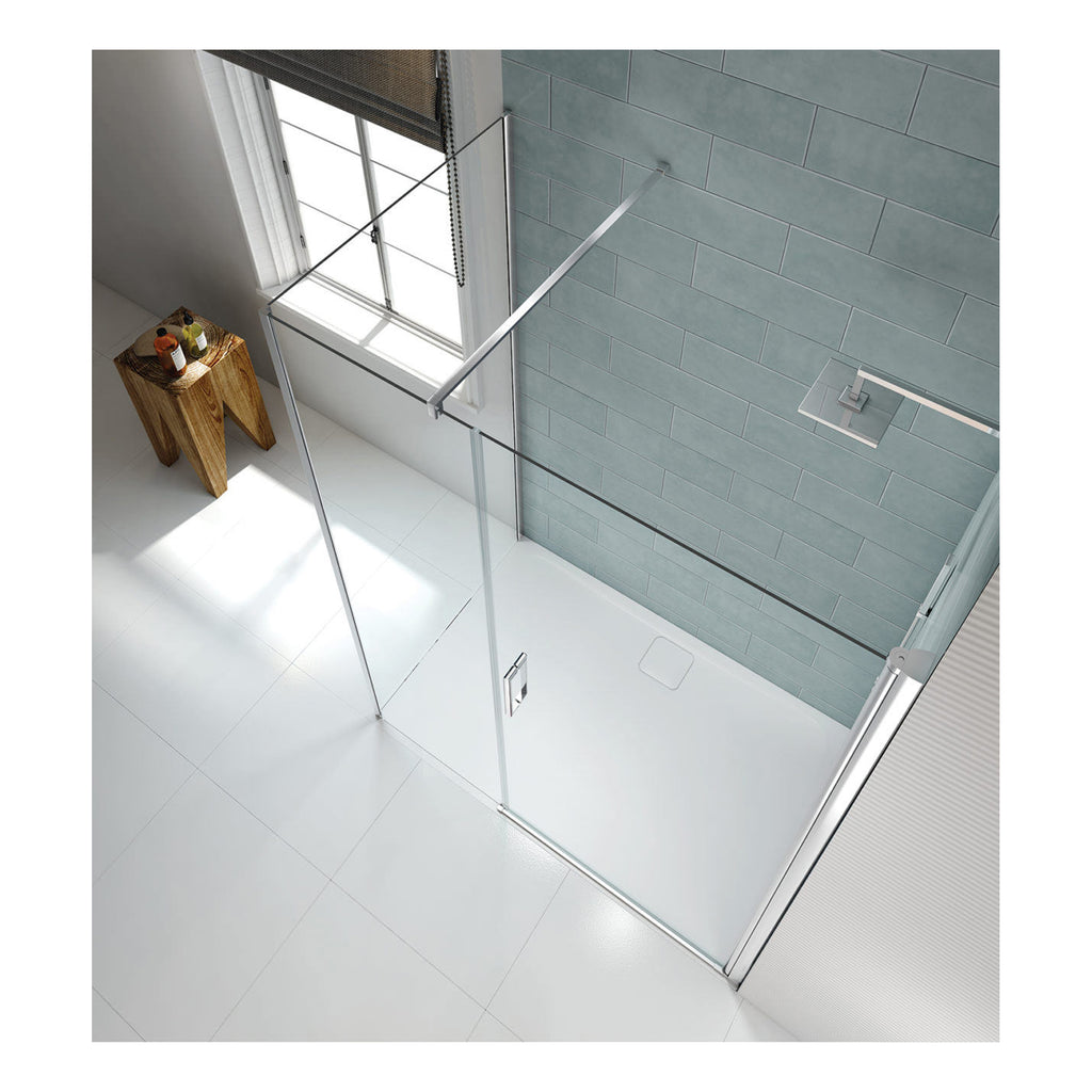 Sleek frameless glass shower enclosure with chrome fixtures in a modern bathroom with grey wall tiles and white flooring, designed for a contemporary and minimalist look.