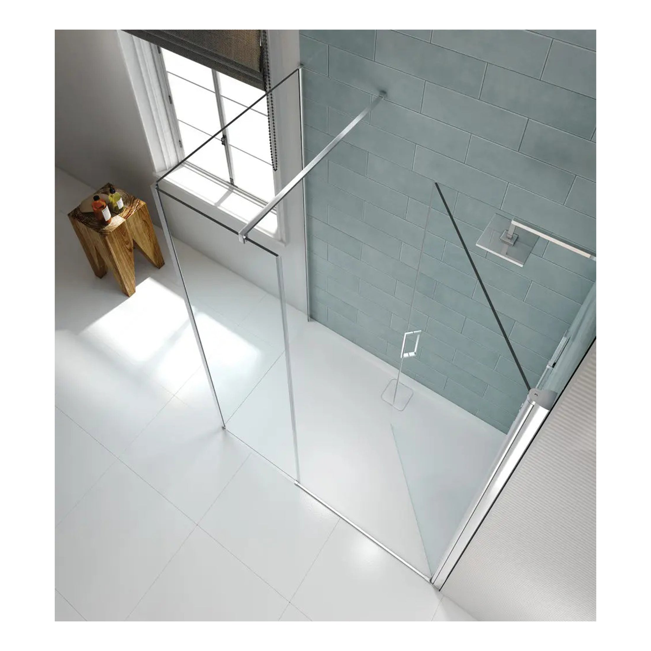 Sliding glass shower door, modern bathroom with grey tiles, minimalistic design, spacious shower enclosure, natural light in bathroom, contemporary bathroom decor, streamlined shower screen, shower enclosure with black handle, sleek bathroom fixtures, stylish wet room design, clean and airy bathroom space.