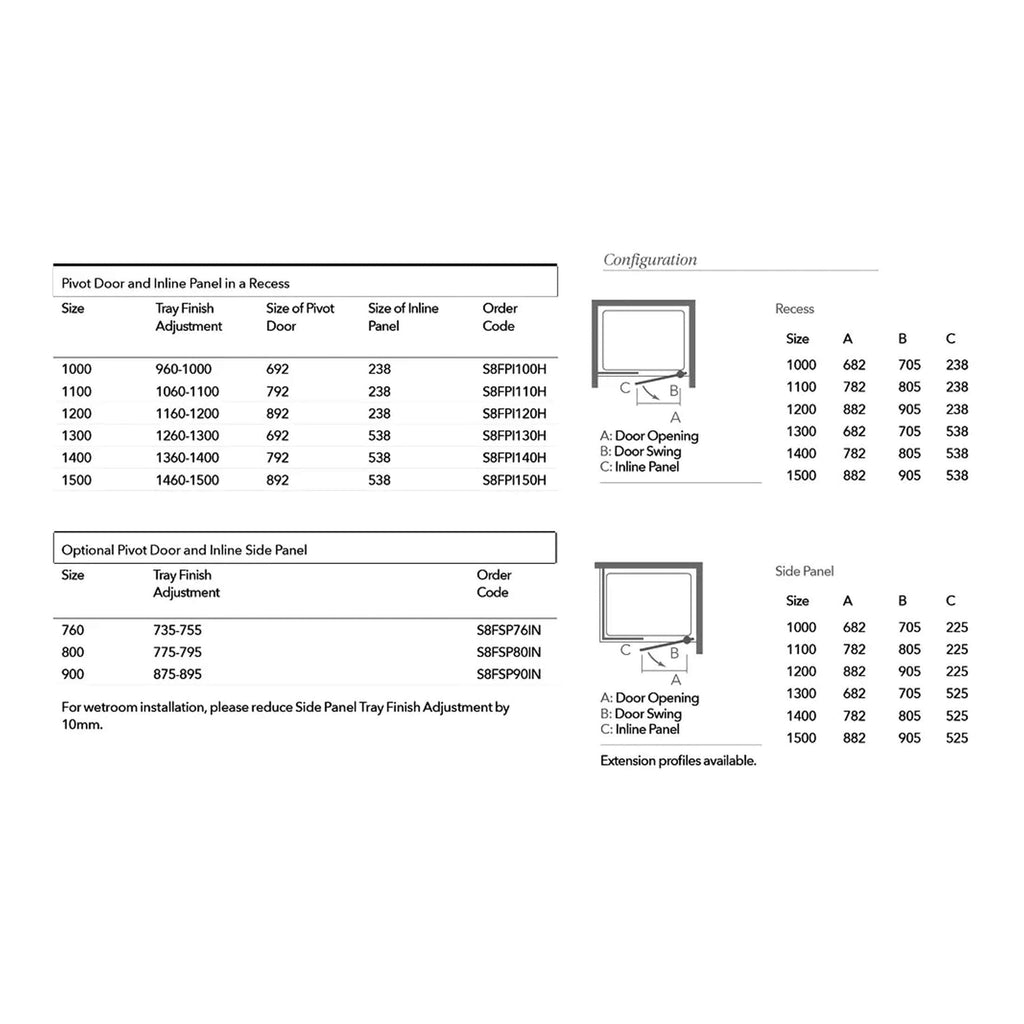 Pivot door and inline panel configuration diagram for bathroom fitments, with sizes and specifications for wet room installation.