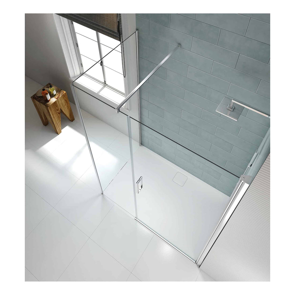 Elegant walk-in glass shower enclosure with modern chrome fixtures and a sleek design, perfect for contemporary bathrooms. Features a frameless glass door and easy access, enhancing bathroom style.
