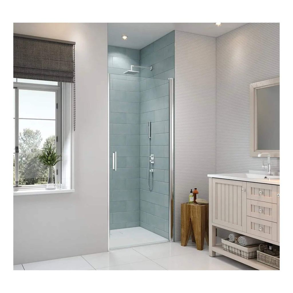 Bright modern bathroom featuring a glass shower enclosure, white tiled floor, and a white wooden vanity with towel storage, creating a sleek and functional space.
