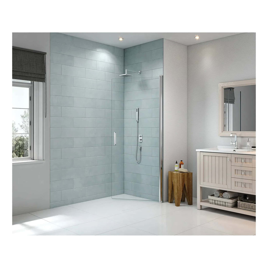 Luxury walk-in shower with frameless glass door, modern bathroom design with light grey tiles and white vanity unit, ideal for contemporary Bubly Bathrooms renovation, sleek and stylish wet room setup.