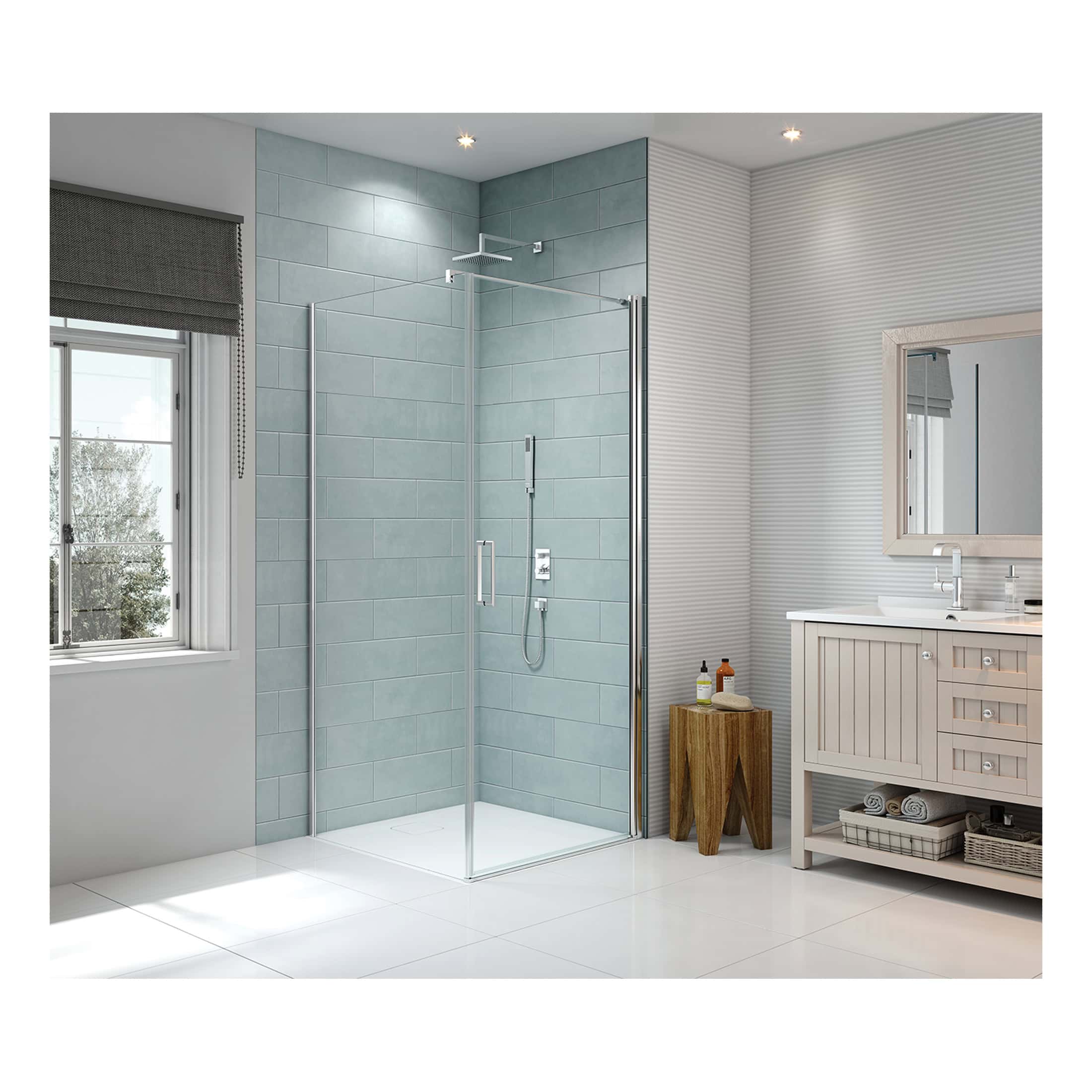 Shower enclosure with glass doors in modern bathroom, blue tiled walls, and white vanity unit with basin and mirror, showcasing contemporary bathroom design and fixtures for optimal relaxation and style.