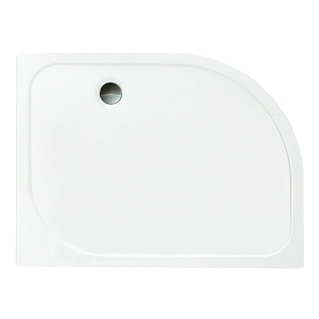 Sleek rectangular white shower tray with rounded corner and integrated drain for modern bathroom setups. Durable, easy to clean, and designed for efficient water drainage. Perfect for contemporary bathroom designs.