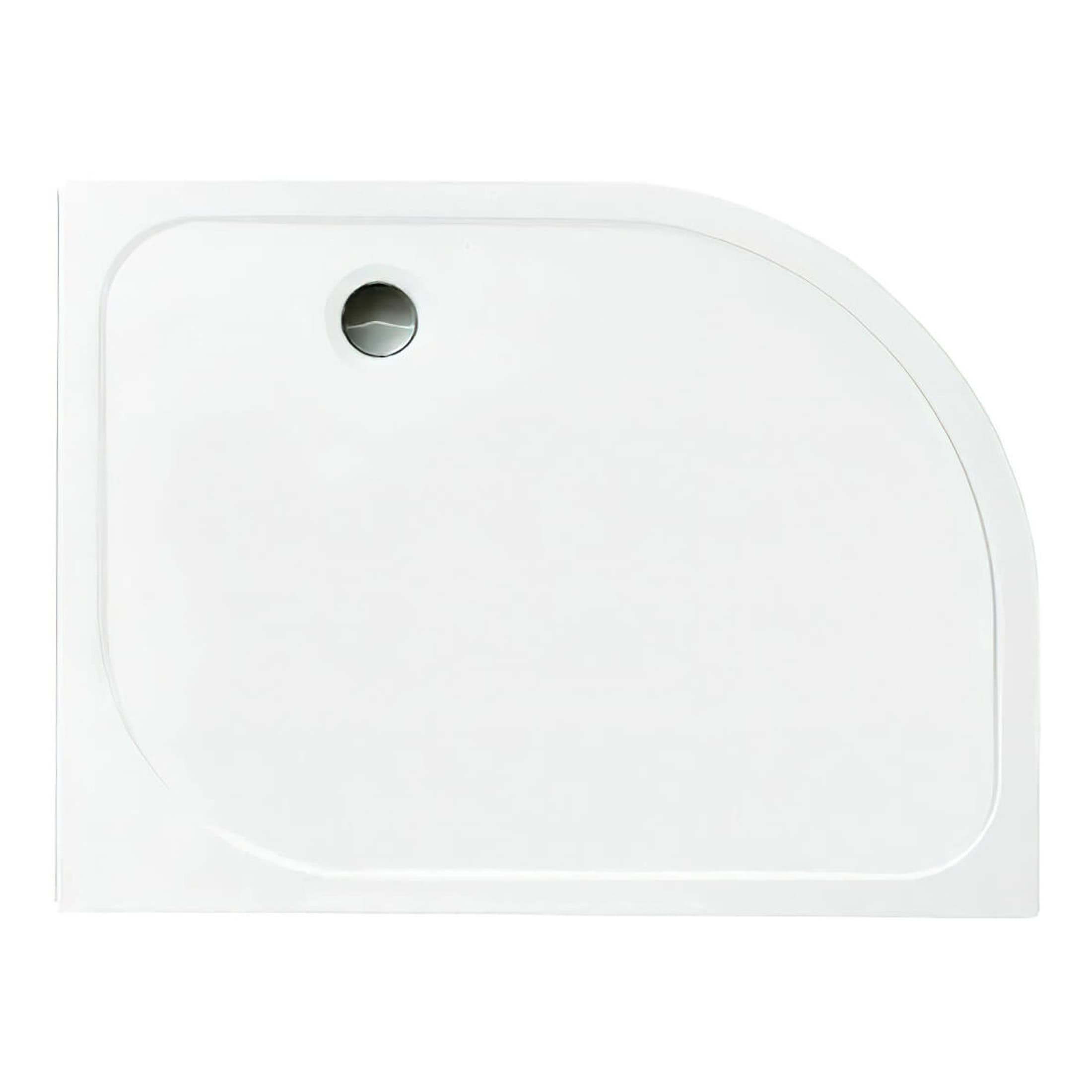 Sleek rectangular white shower tray with rounded corner and integrated drain for modern bathroom setups. Durable, easy to clean, and designed for efficient water drainage. Perfect for contemporary bathroom designs.