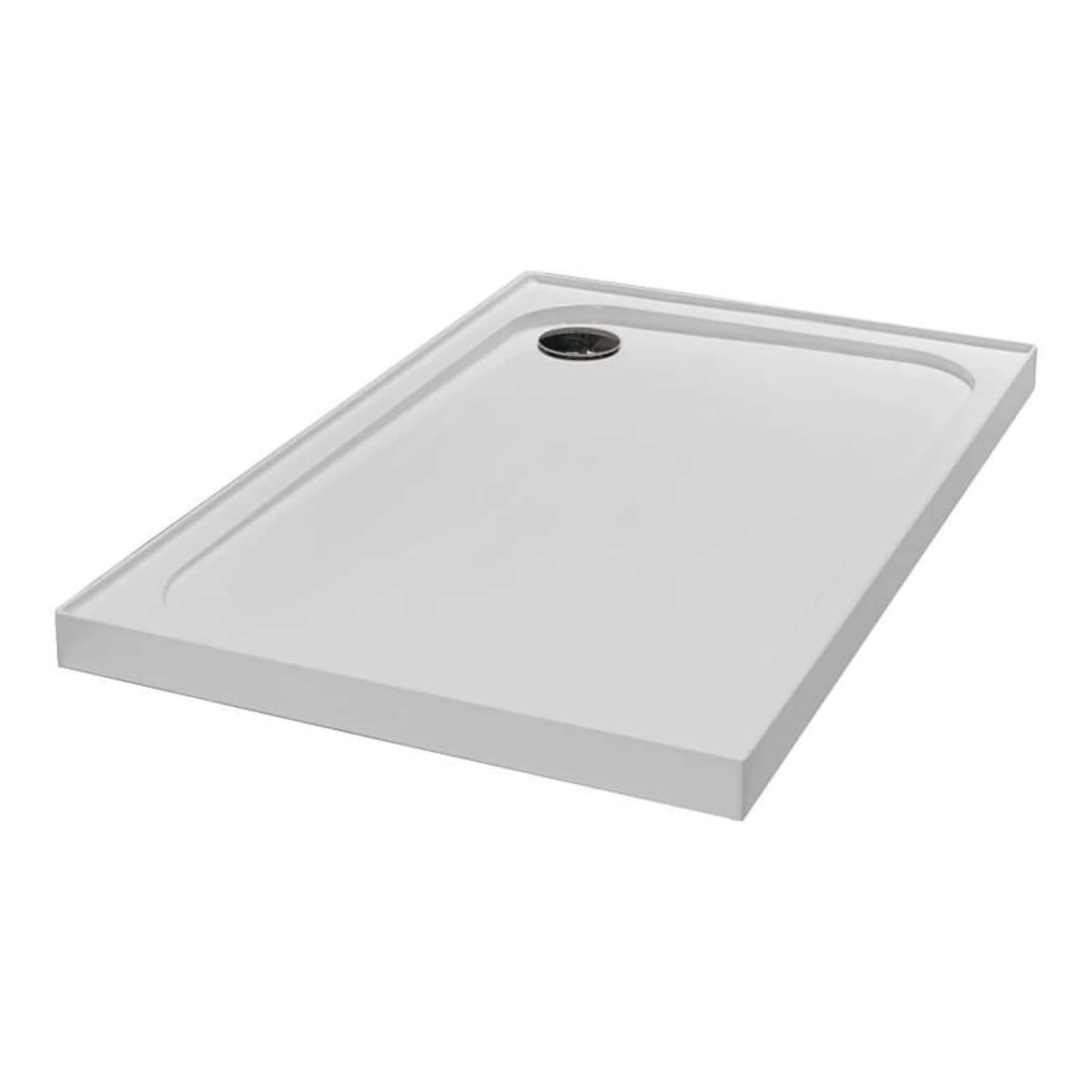 Light grey shower tray with a sleek, minimal design, featuring a round drain hole and integrated sloped edges for modern bathroom renovation. Perfect for contemporary wet room installations.