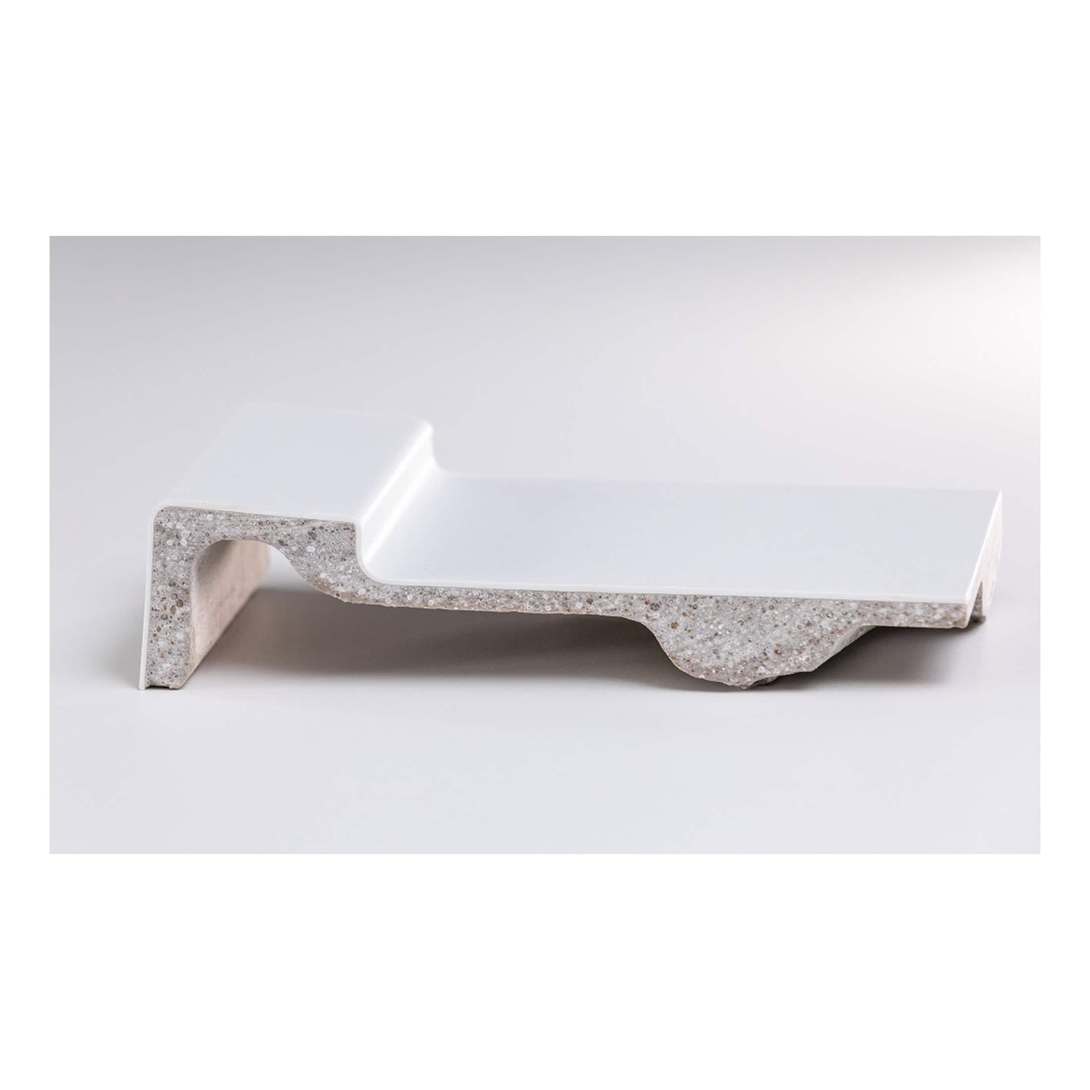 Modern bathroom shelf with a sleek white surface and textured underside, ideal for stylish and functional bathroom storage solutions.