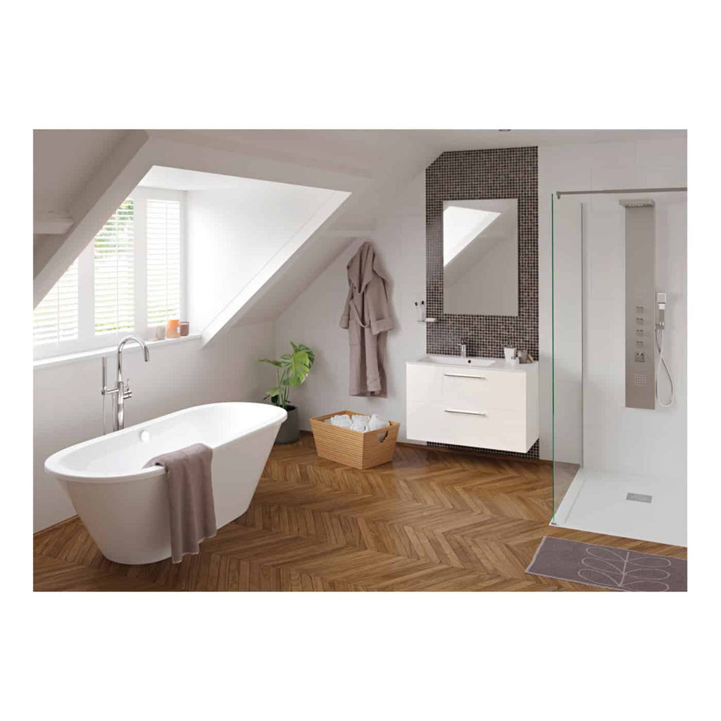 Relaxed modern bathroom with freestanding bathtub, walk-in shower, sleek vanity unit, and skylight, perfect for contemporary bathroom design and renovation.