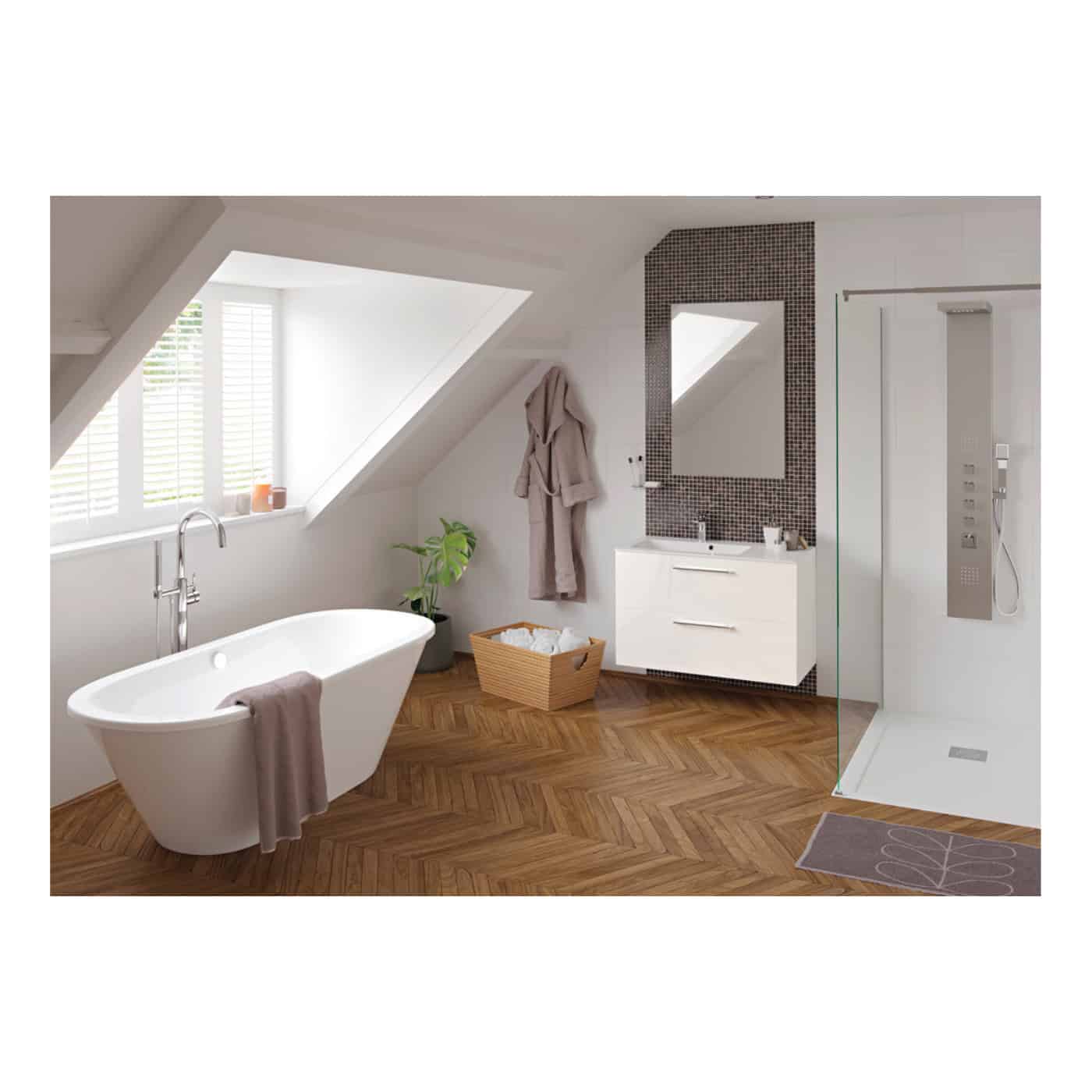 Relaxed modern bathroom with freestanding bathtub, walk-in shower, sleek vanity unit, and skylight, perfect for contemporary bathroom design and renovation.