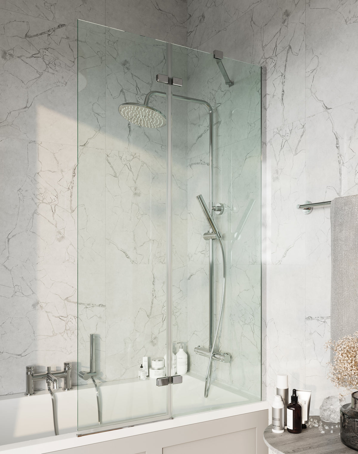 Scudo 6mm Glass Pivot Bath Screen With Fixed Panel - lifestyle