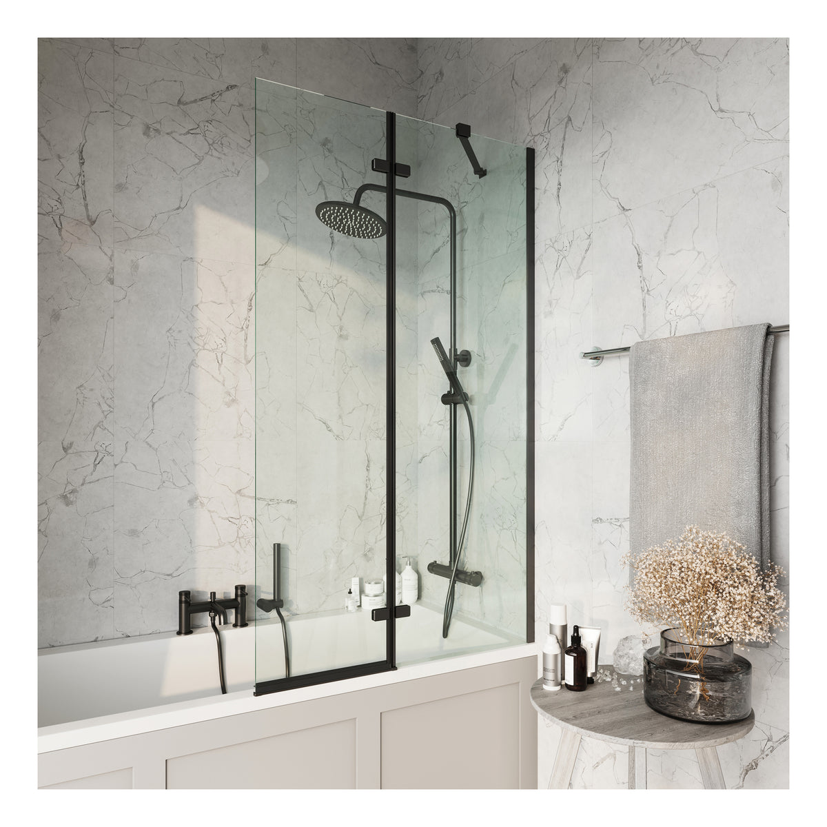 Scudo 6mm Glass Pivot Bath Screen With Fixed Panel - lifestyle