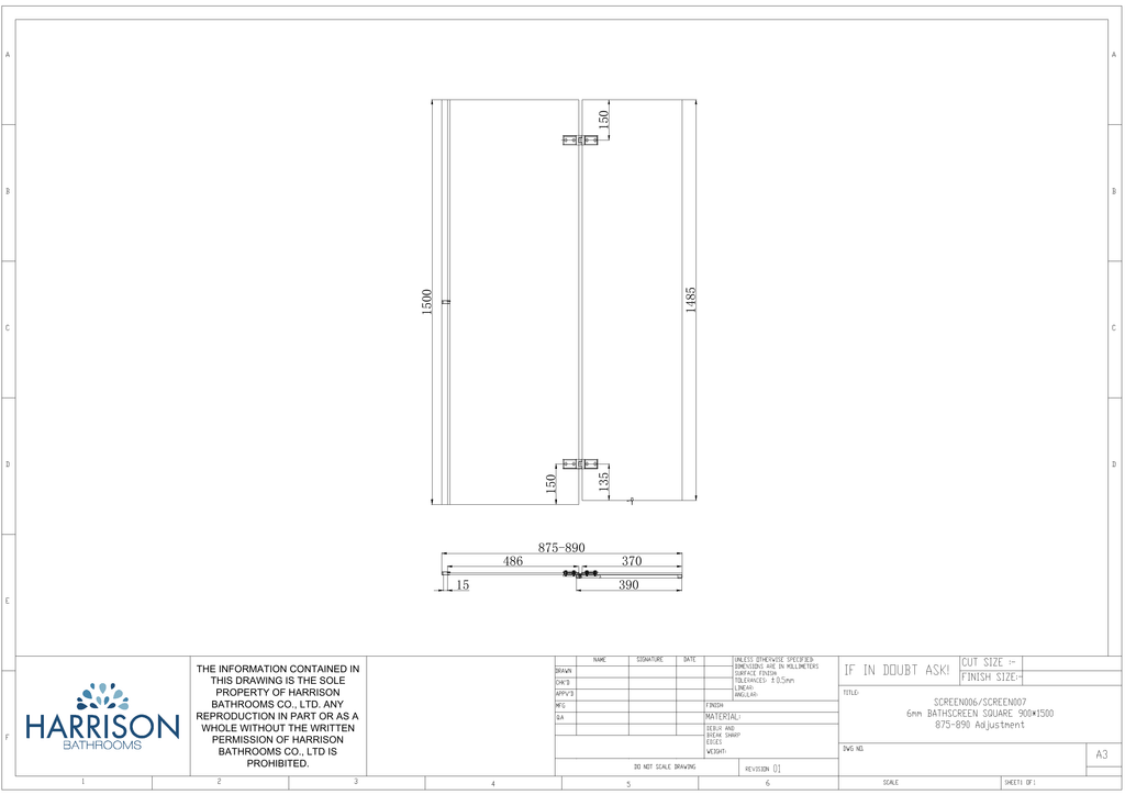 Scudo 6mm Glass Pivot Bath Screen With Fixed Panel - technical drawing with dimensions
