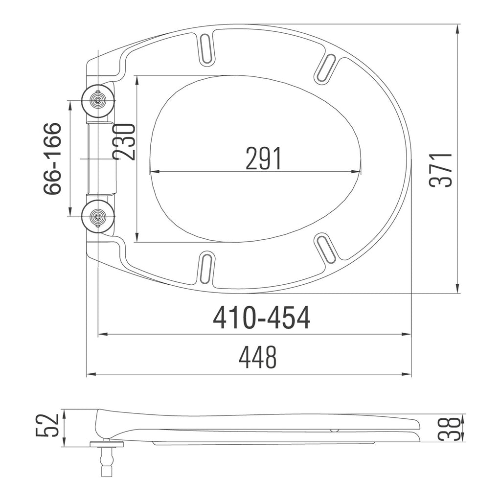 Scudo Universal PP Quick Release Soft Close Seat - Gloss White - technical drawing with dimensions