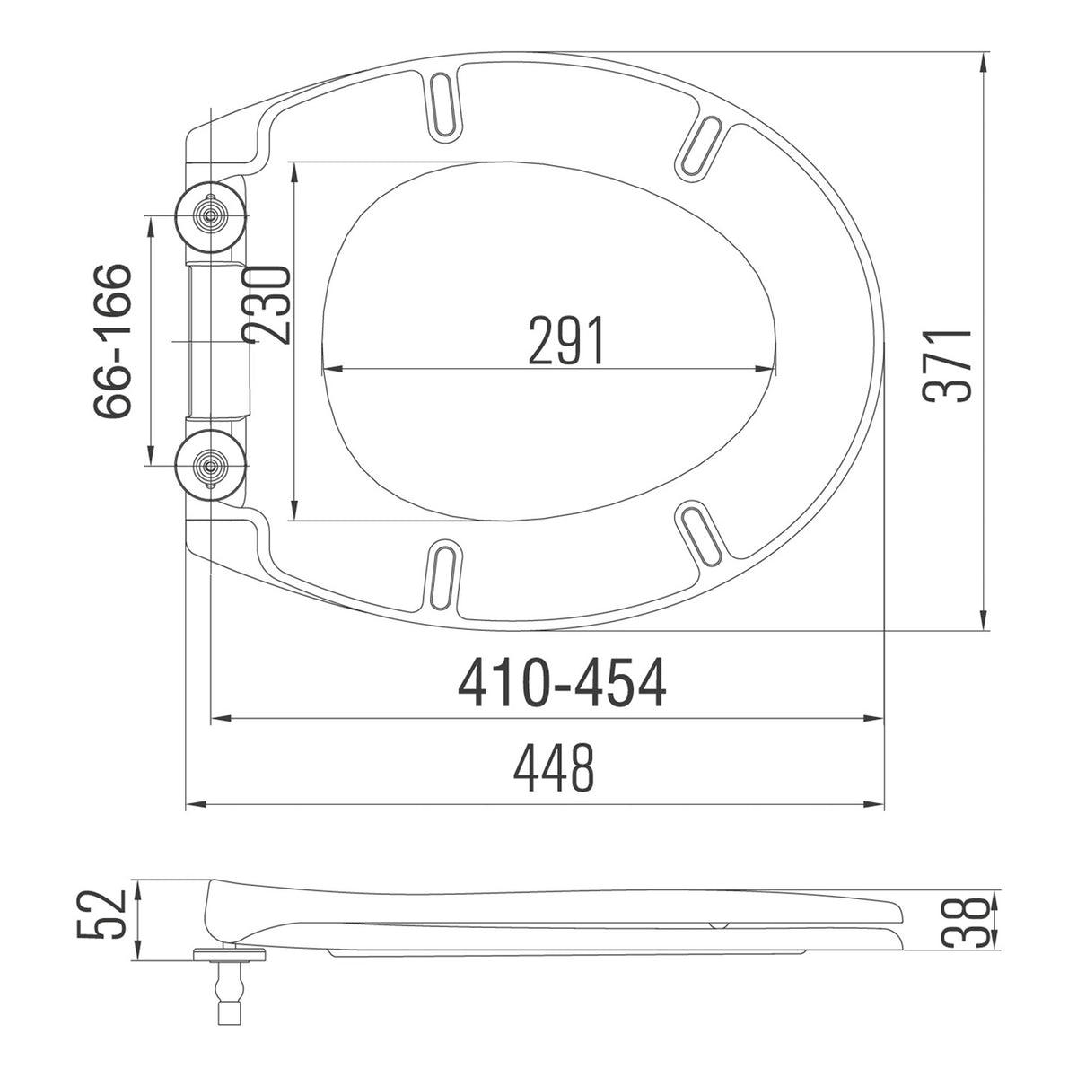 Scudo Universal PP Quick Release Soft Close Seat - Gloss White - technical drawing with dimensions