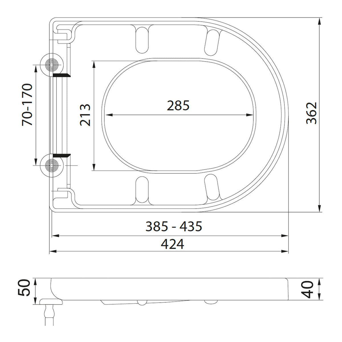 Scudo Spa Soft Close Toilet Seat - White - technical drawing with dimensions