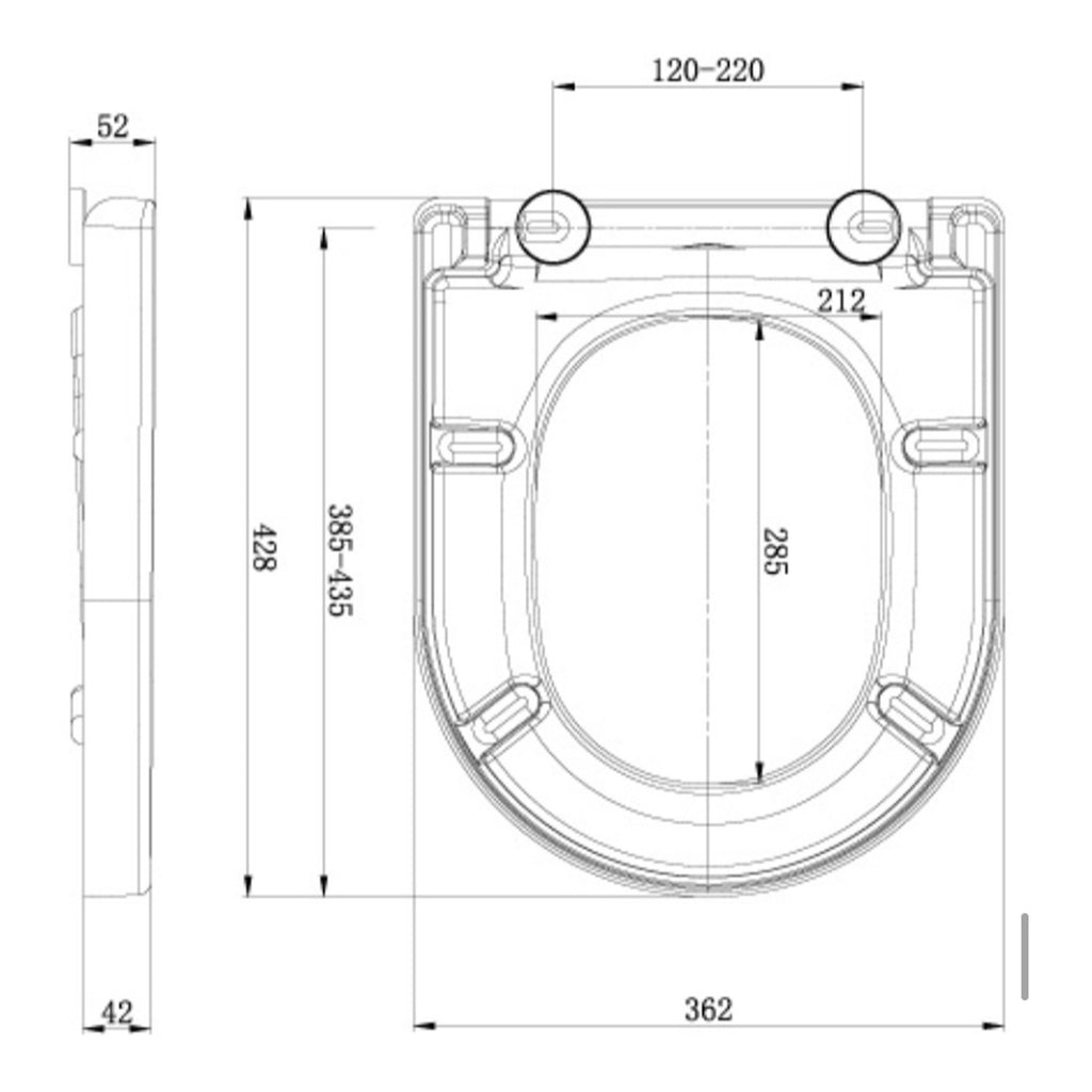 Scudo Luxury White Heavyweight D Shape Soft Close Toilet Seat - technical drawing with dimensions