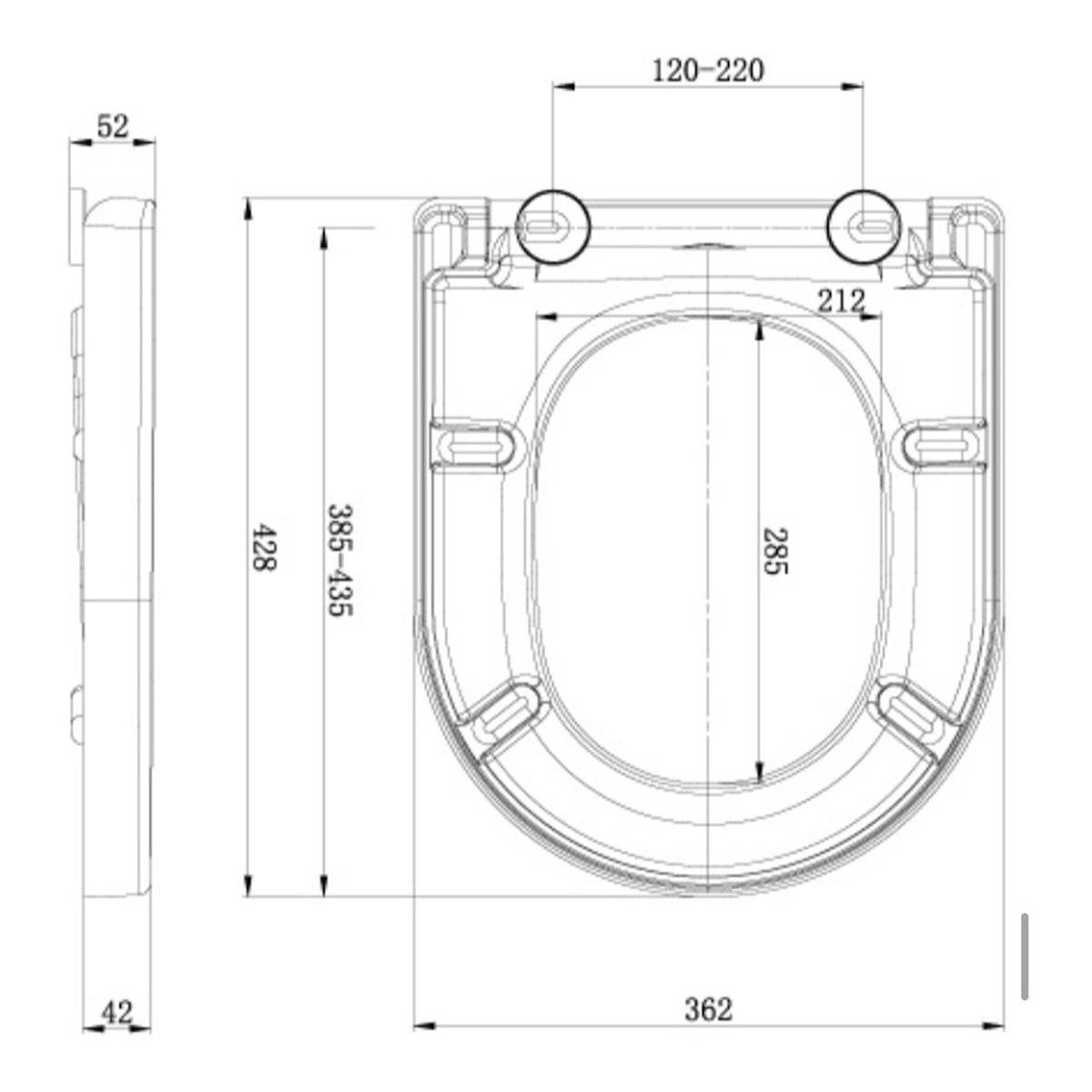 Scudo Luxury White Heavyweight D Shape Soft Close Toilet Seat - technical drawing with dimensions