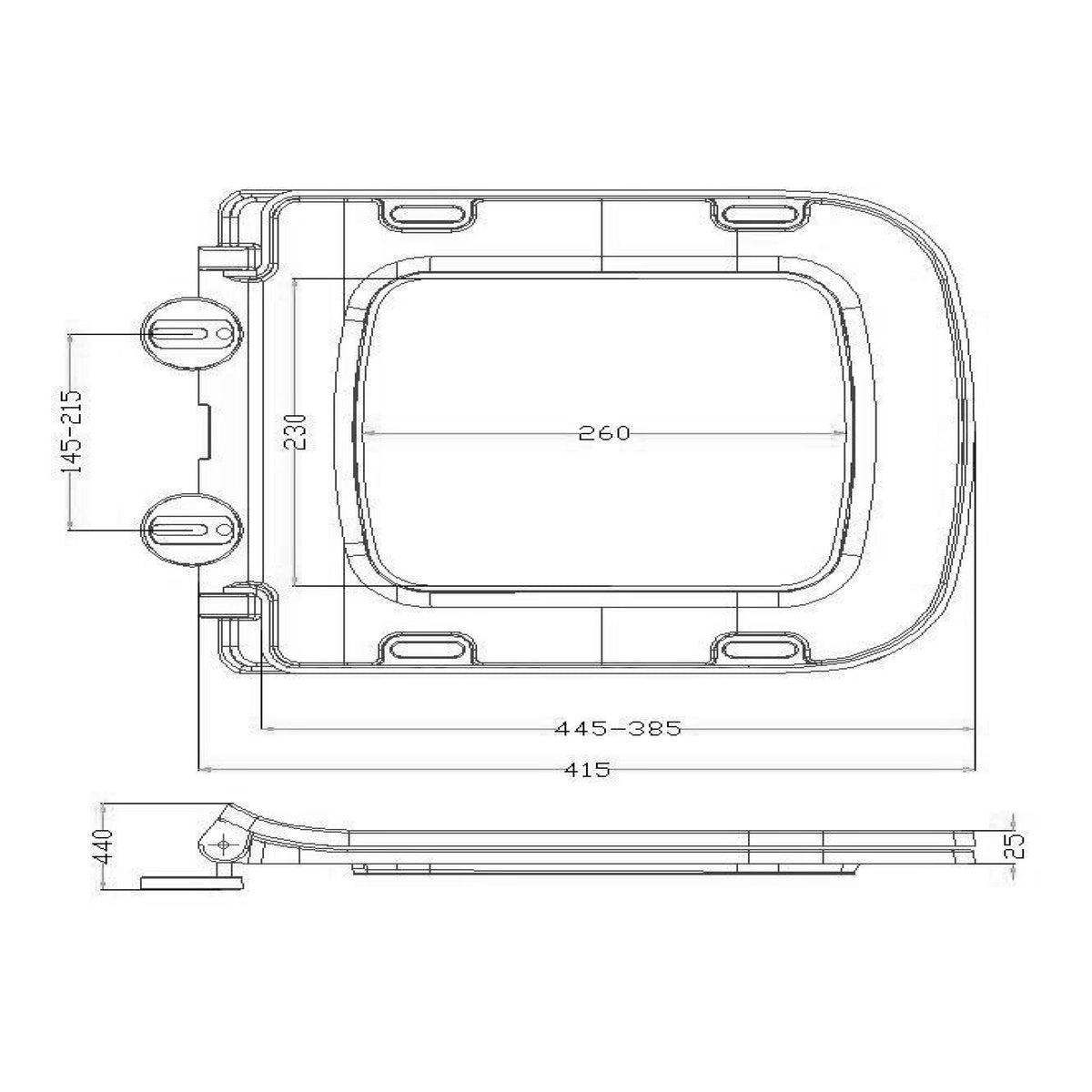 Scudo Luxury White Heavyweight Soft Close Toilet Seat - technical drawing with dimensions