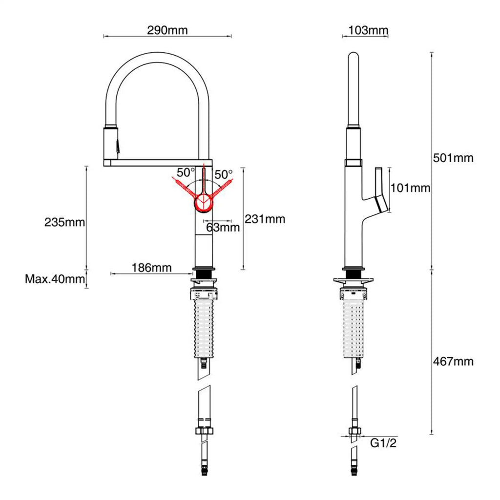 Precision kitchen tap with high-arc spout and flexible hoses, ideal for modern bathroom installations, featuring detailed measurements for easy fitting and compatibility.