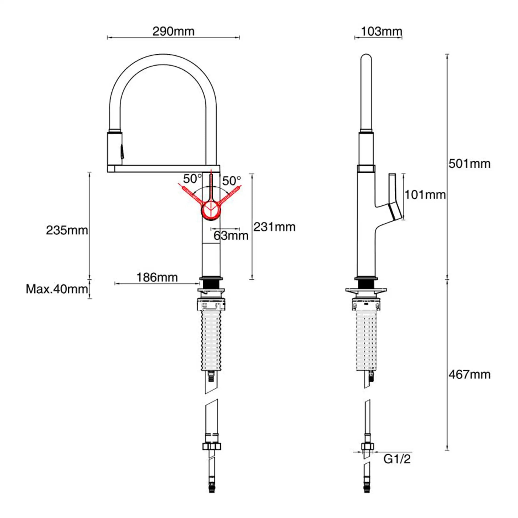 Precision kitchen tap with high-arc spout and flexible hoses, ideal for modern bathroom installations, featuring detailed measurements for easy fitting and compatibility.