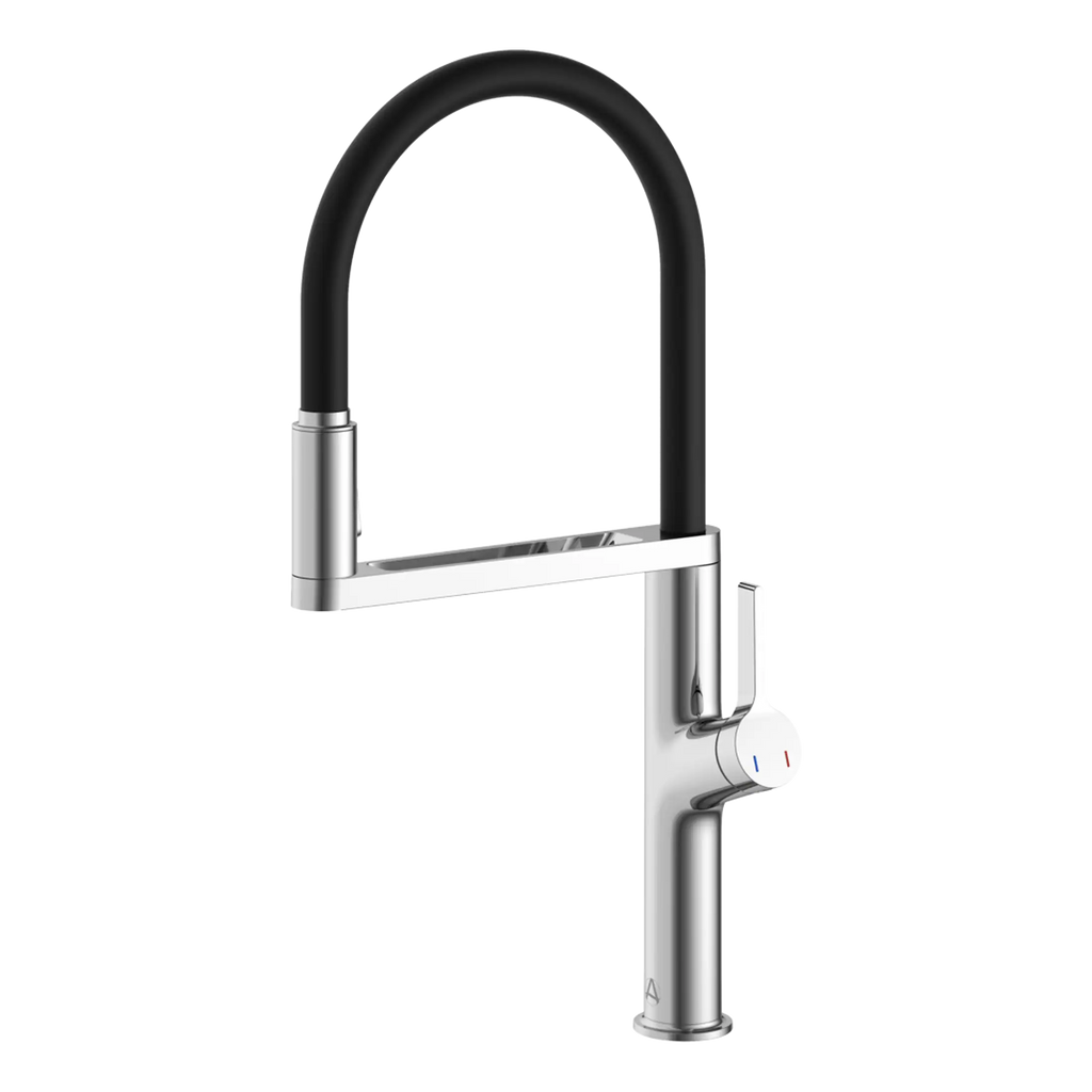Brushed stainless steel kitchen faucet with pull-down spray head and modern design, ideal for stylish and functional bubly bathrooms.
