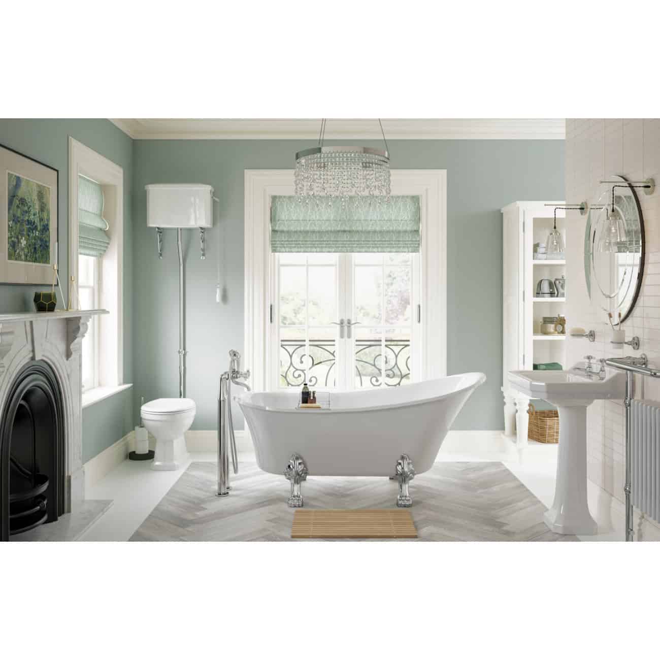 Elegant bathroom featuring a vintage clawfoot bathtub with chrome fixtures, surrounded by a classic fireplace, a pedestal sink, and stylish shelving, perfect for luxurious bathroom decor.