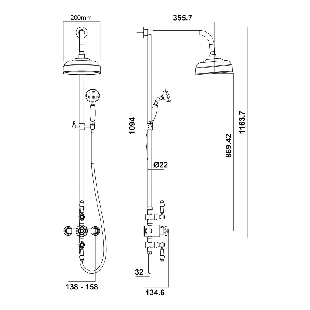 Scudo Traditional Rigid Riser Shower Kit With Fixed Head And Handset - Chrome - technical drawing with dimensions