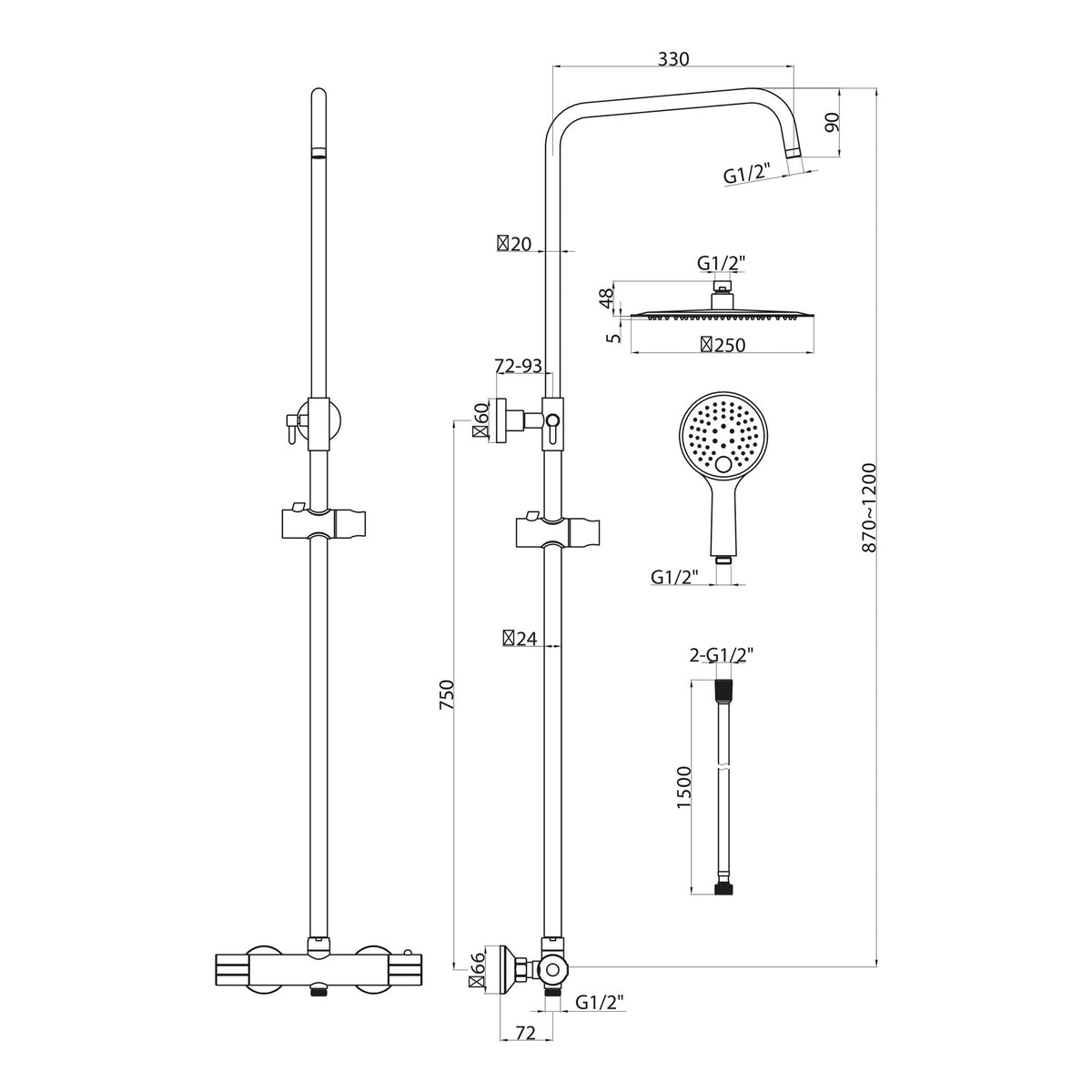 Scudo Messi Round Cool Touch Rigid Riser Shower Kit - Chrome - technical drawing with dimensions