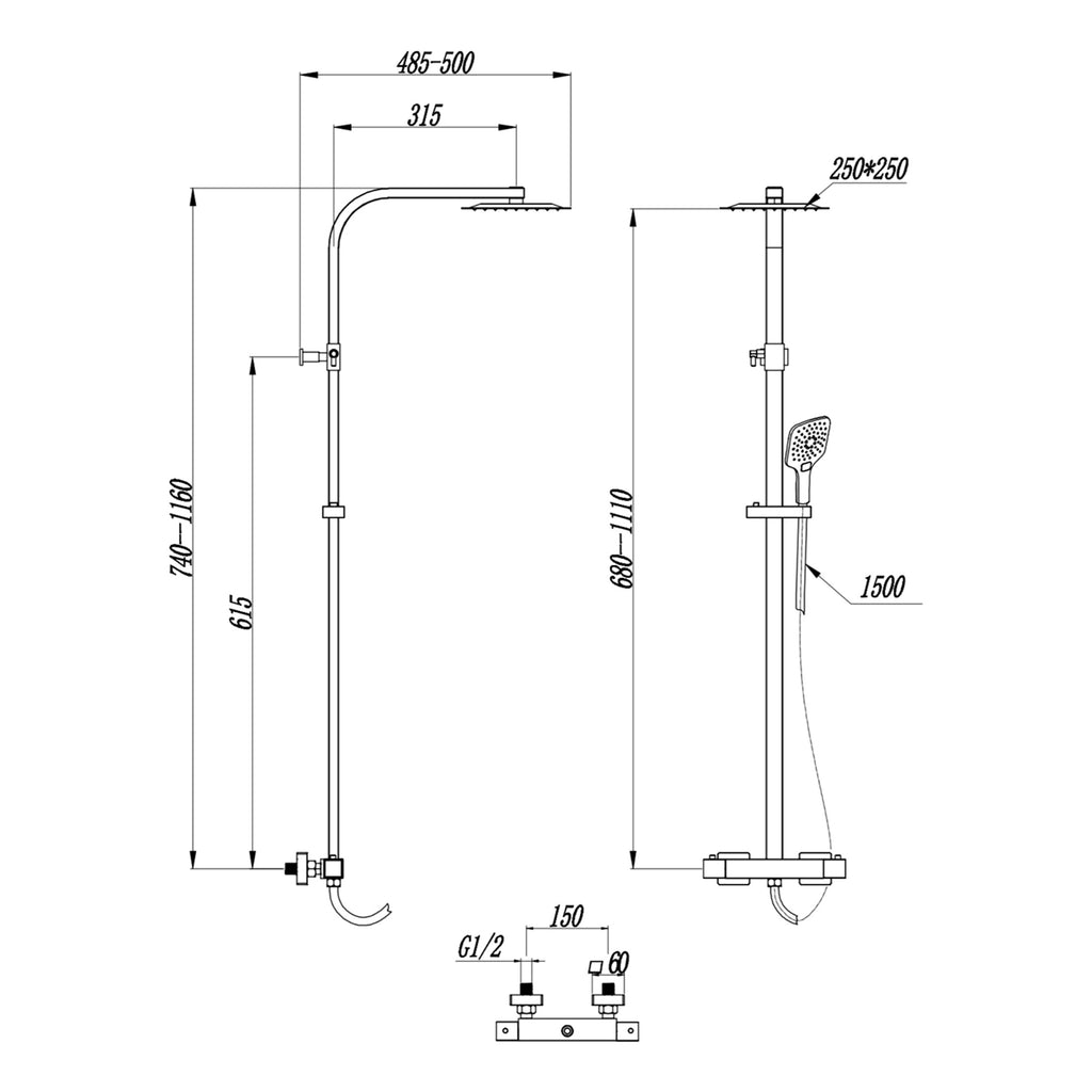 Scudo Helier Square Cool Touch Rigid Riser Shower Kit - Chrome - technical drawing with dimensions