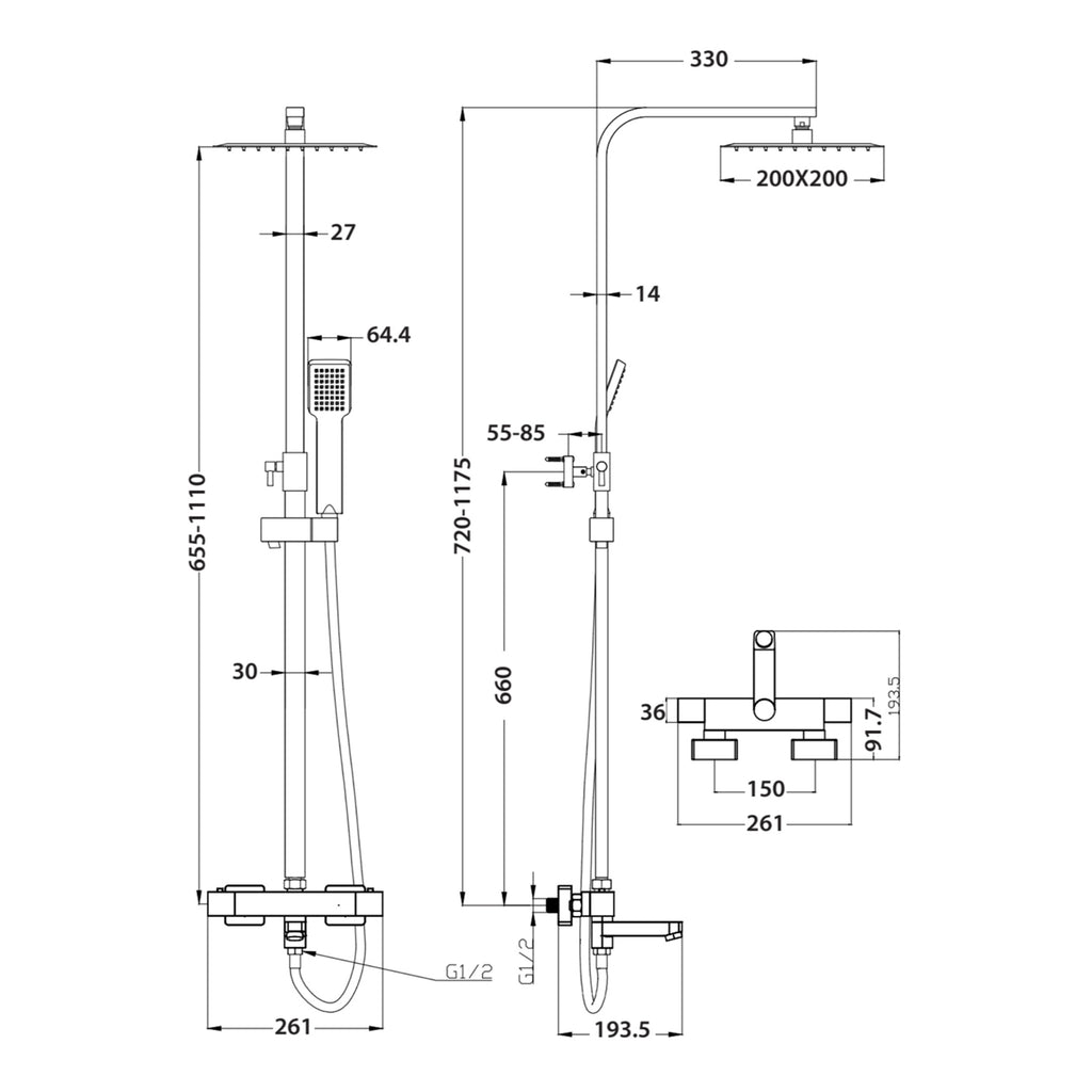 Scudo Block Square Rigid Riser Shower Kit With Bath Filler - Chrome - technical drawing with dimensions