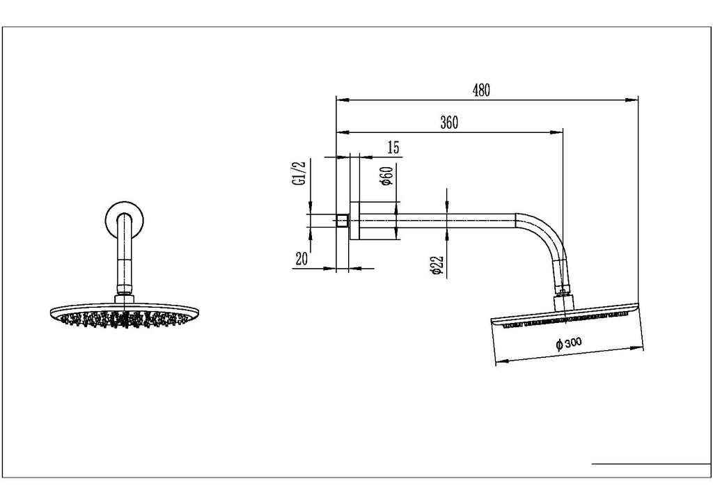 Scudo Round Shower Arm and Head 300mm, Chrome technical drawing