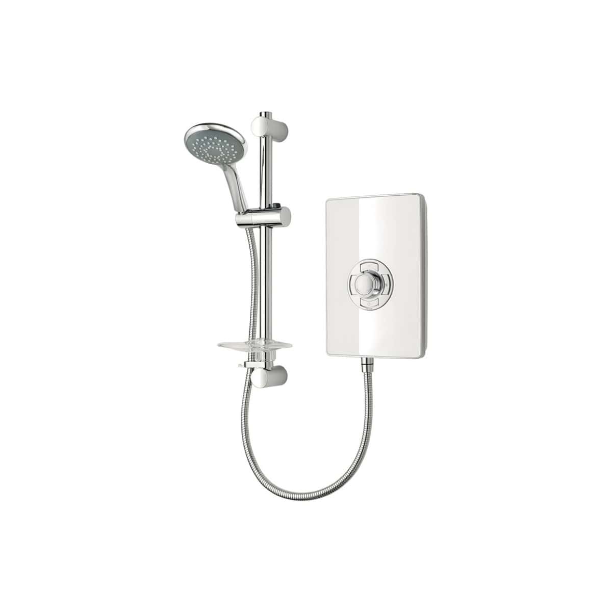 Sleek chrome showerhead and electric shower unit with adjustable temperature control, perfect for modern bathroom renovations. Suitable for quick and efficient showering experiences.