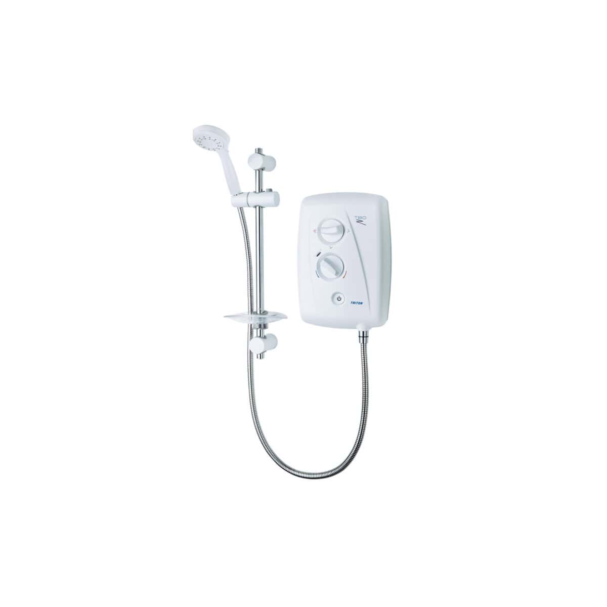 Modern electric shower unit with adjustable temperature control and flexible hose, ideal for upgrading your bathroom plumbing system. Perfect for quick and efficient hot water showers.