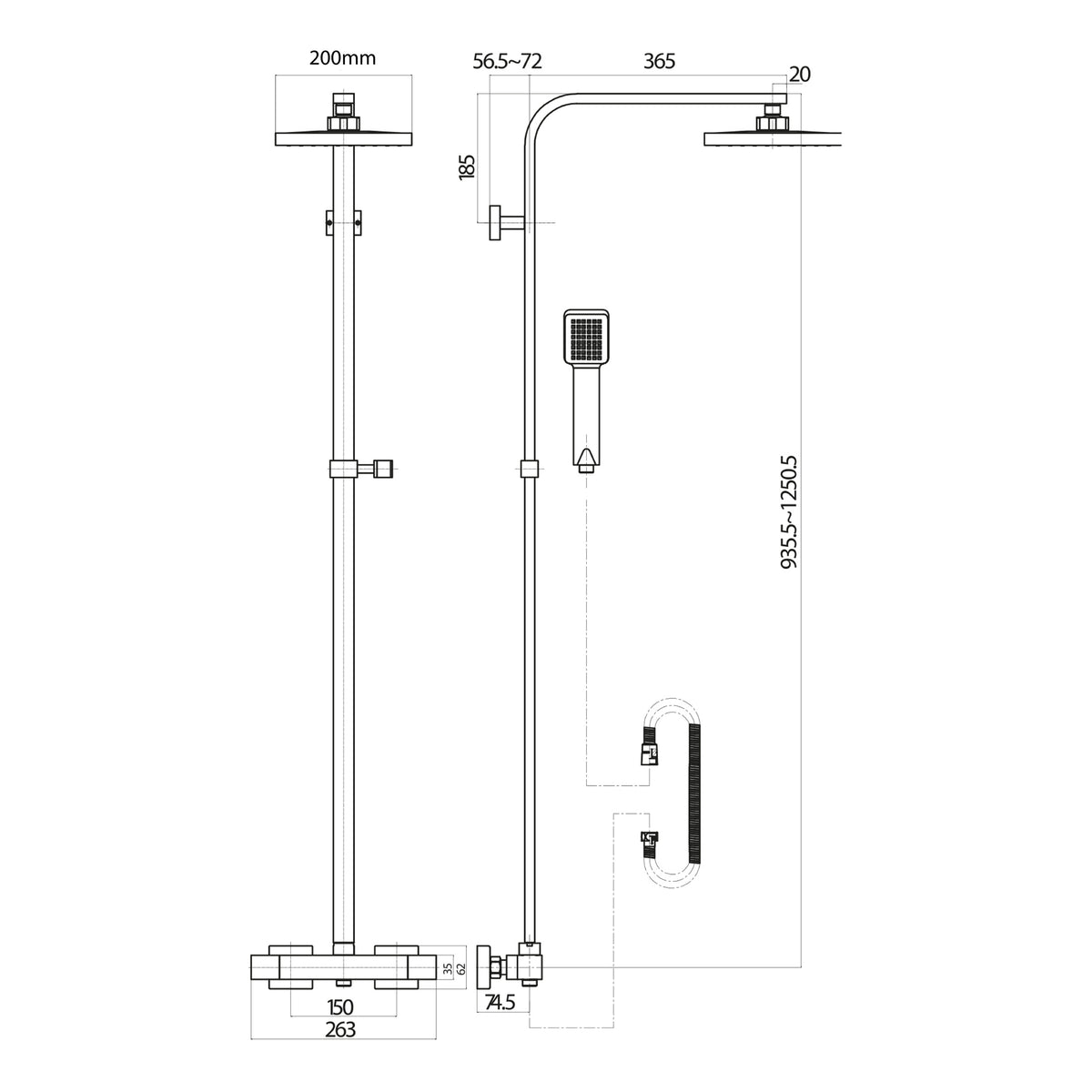 Scudo Elliot Square Rigid Riser Shower Kit - technical drawing with dimensions